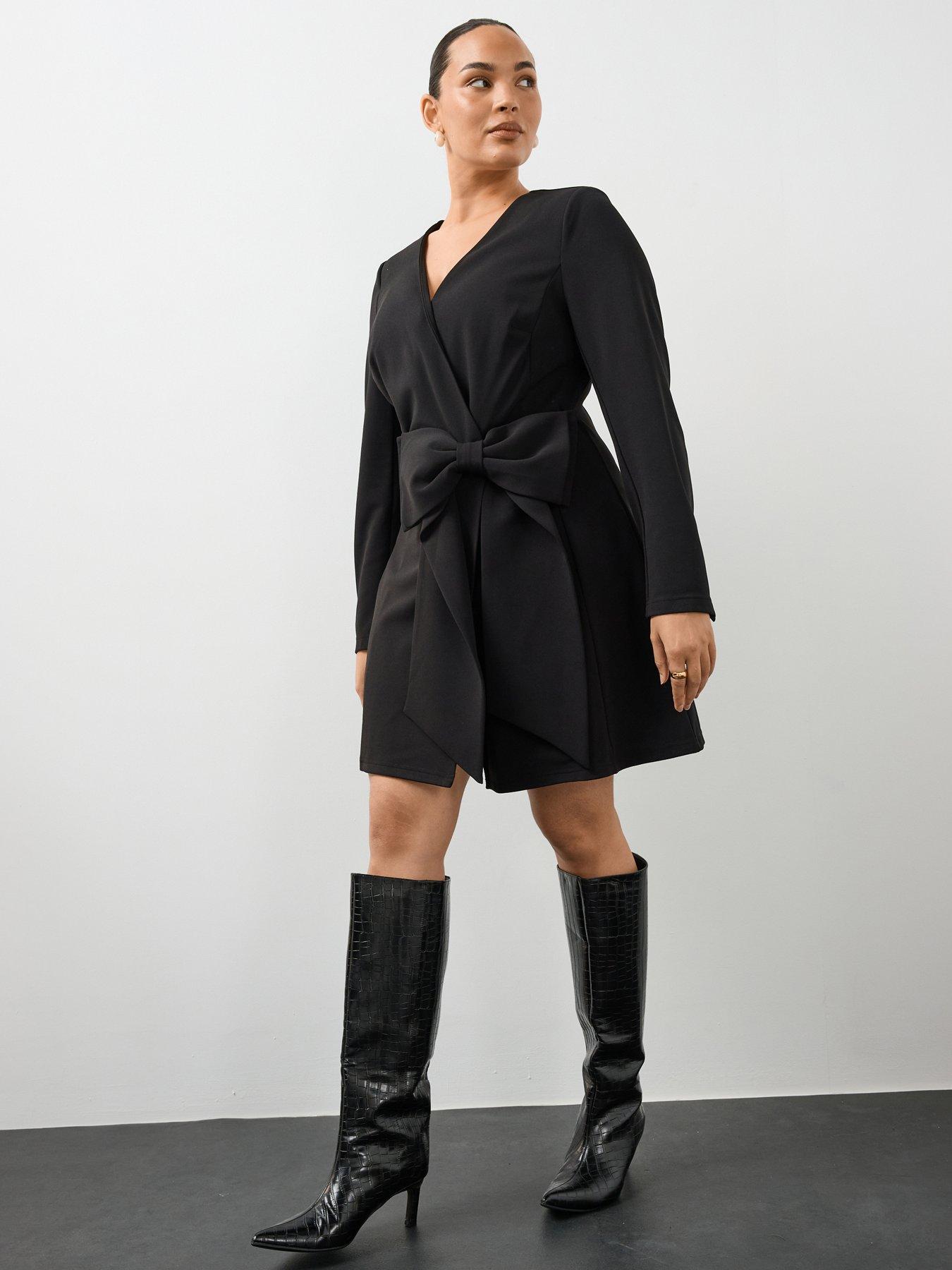 Image 1 of 6 of The Very Collection Womens Curve Bow Detail Wrap Front Blazer Mini Dress - Black