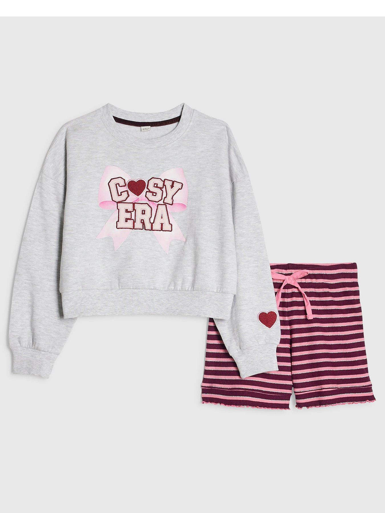 Image 1 of 5 of River Island Girls Cosy Era Sweatshirt Pyjamas Set - Grey