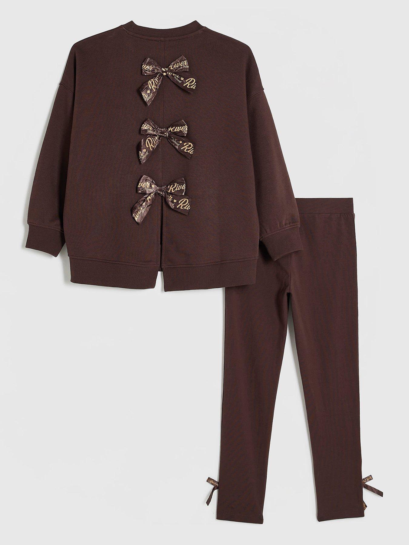 Image 1 of 5 of River Island Girls Bow Back Detail Sweatshirt &amp; Legging Set - Brown