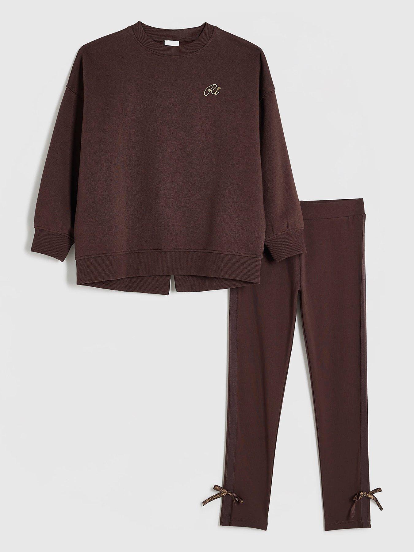 Image 2 of 5 of River Island Girls Bow Back Detail Sweatshirt &amp; Legging Set - Brown