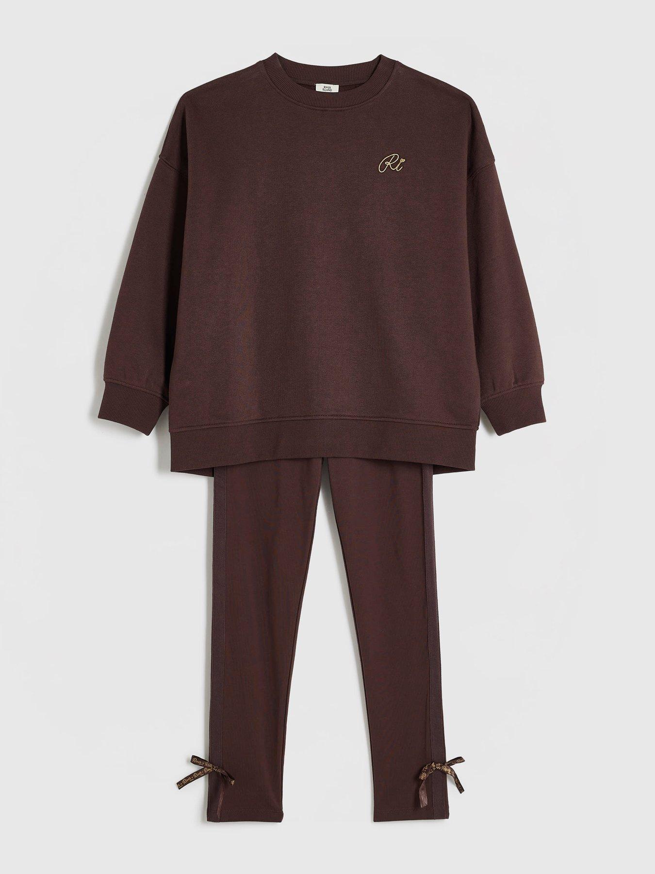 Image 3 of 5 of River Island Girls Bow Back Detail Sweatshirt &amp; Legging Set - Brown