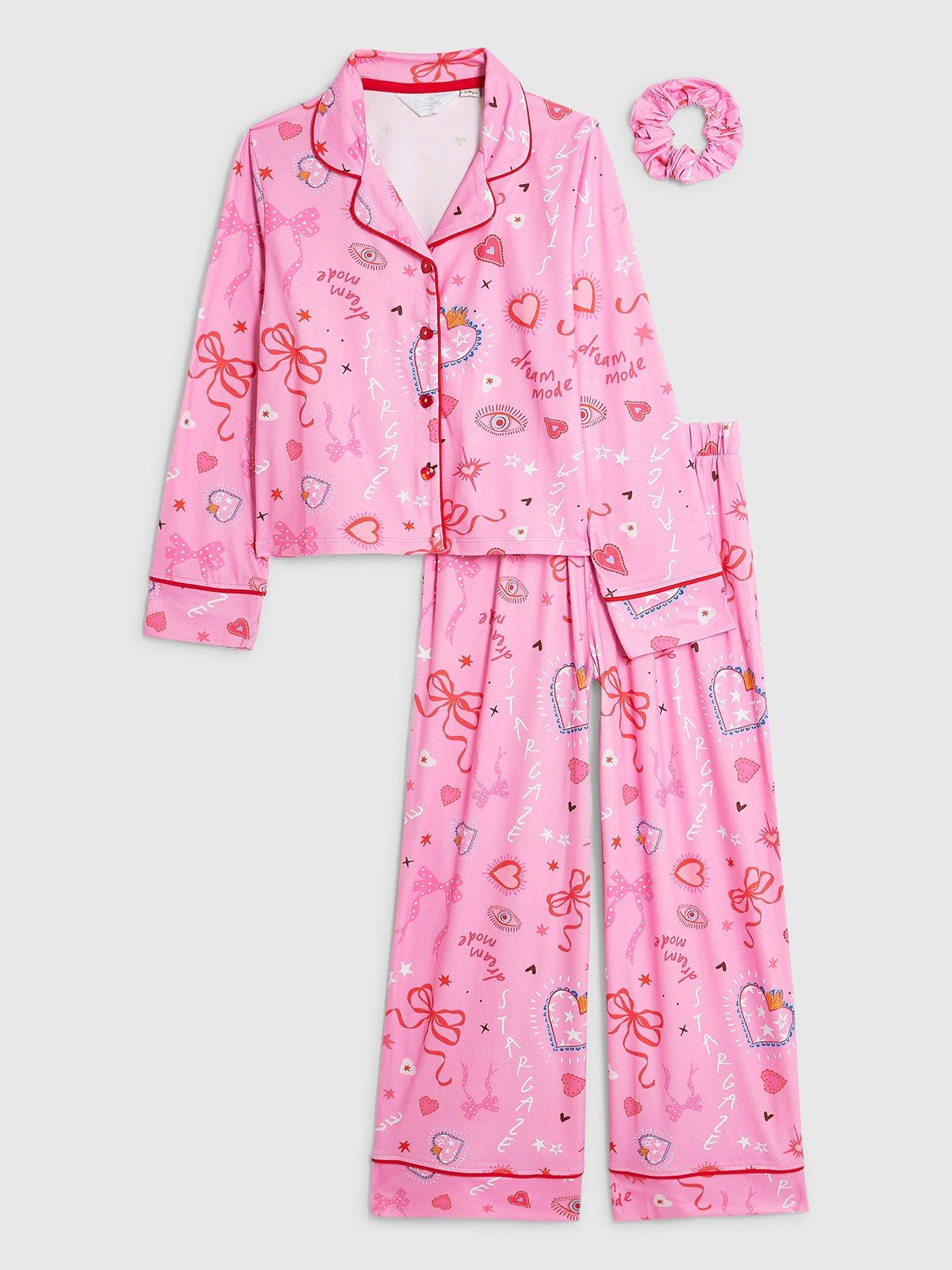 Image 1 of 3 of River Island Girls Cosmic Button-Through Heart Buttons Pyjamas - Pink
