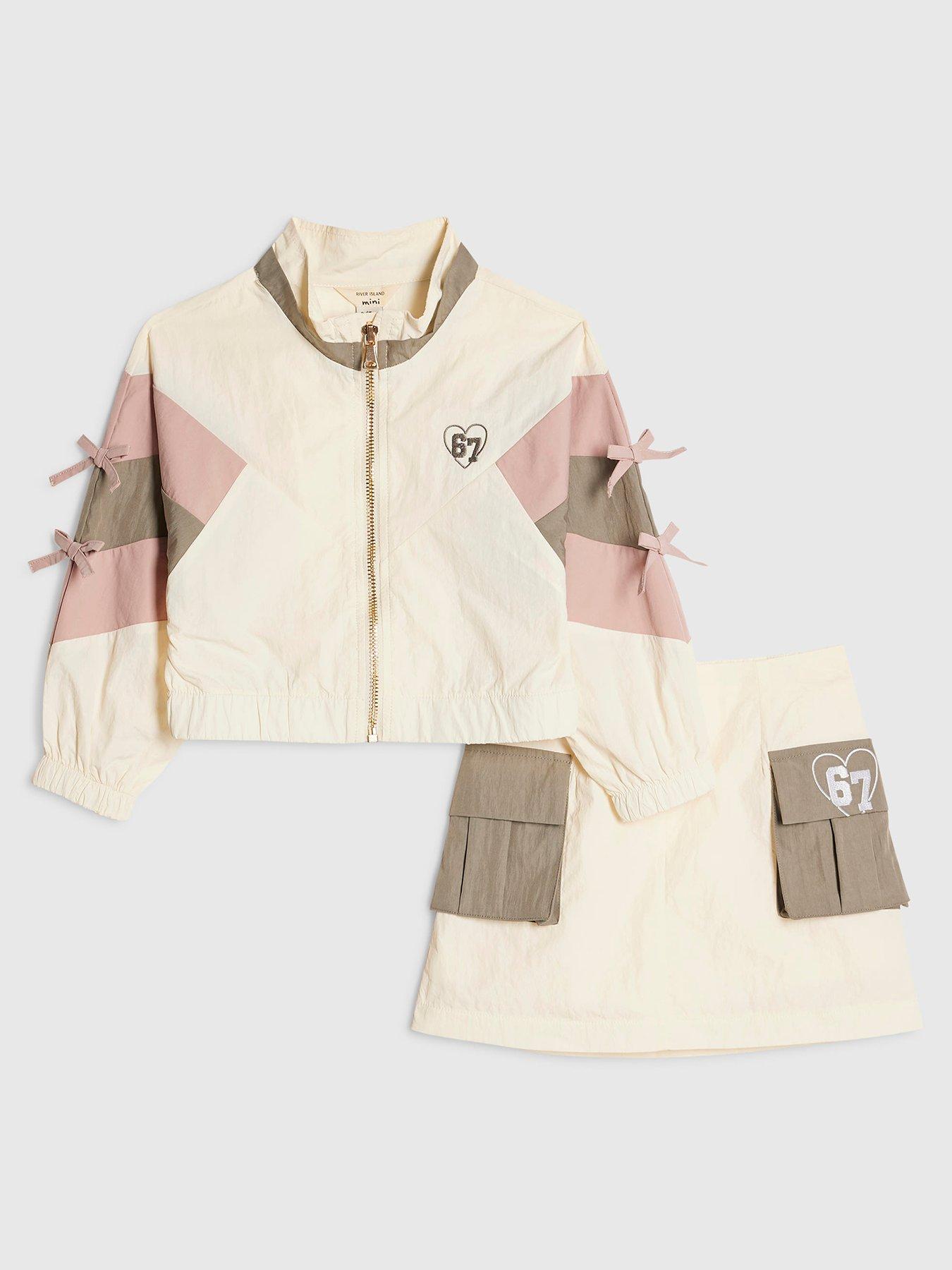 Image 1 of 5 of River Island Mini Girls Colour Block Nylon Skirt Set - Cream