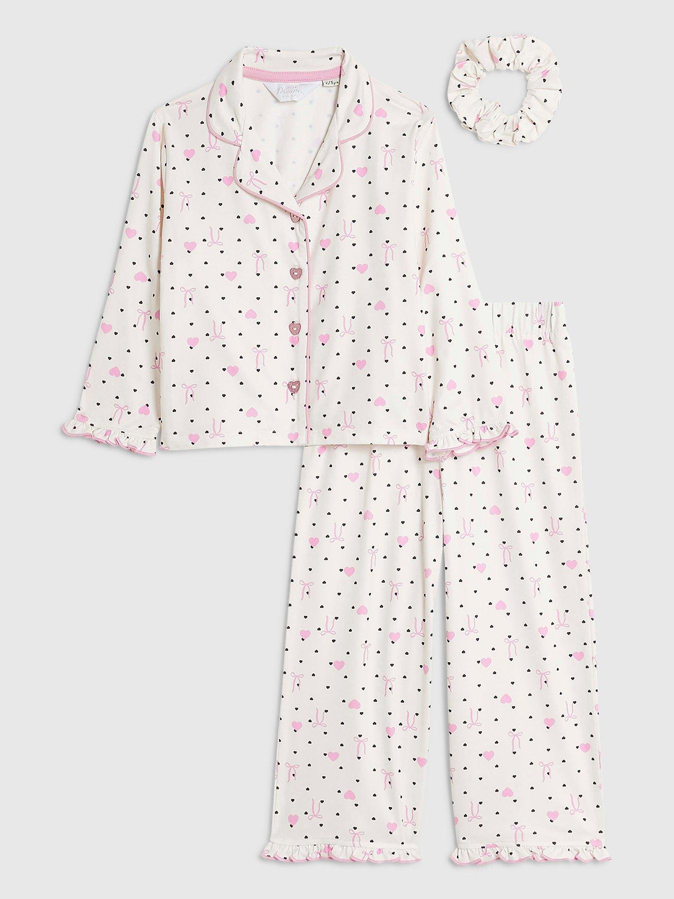 Image 1 of 4 of River Island Mini Girls Bow Heart Button Pyjamas Set - Cream