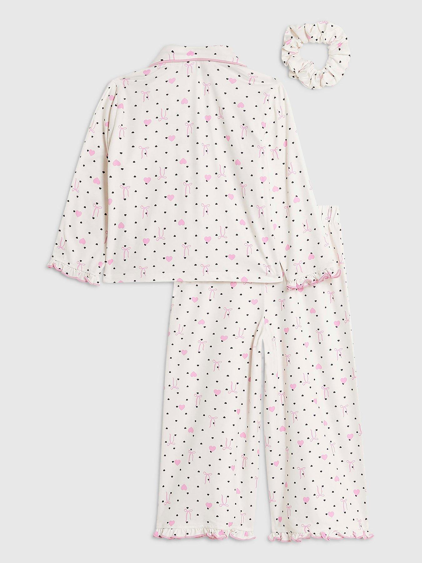 Image 2 of 4 of River Island Mini Girls Bow Heart Button Pyjamas Set - Cream