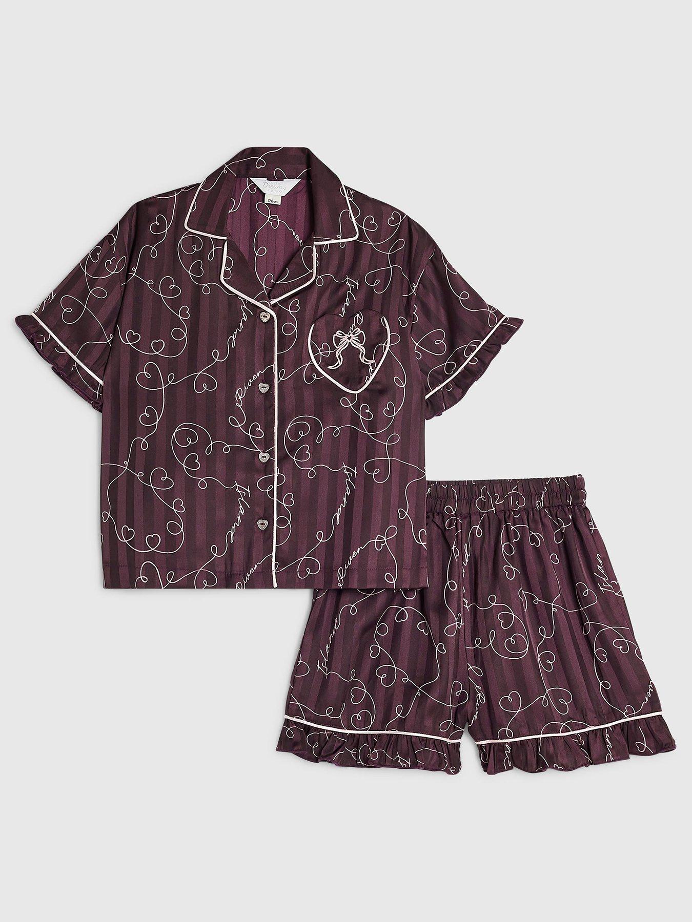 Image 1 of 5 of River Island Girls Script Print Short Sleeve Pyjamas - Red