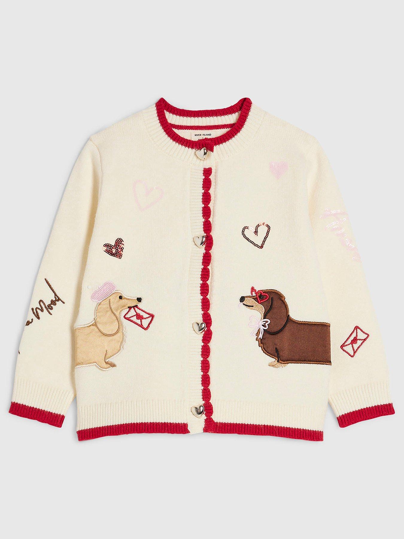 Image 1 of 4 of River Island Mini Girls Dog Embroidered Heart Button Cardigan - Cream