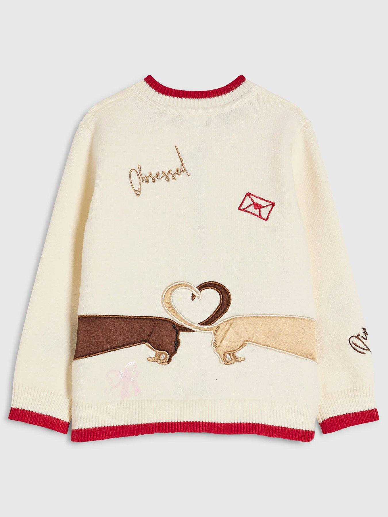 Image 2 of 4 of River Island Mini Girls Dog Embroidered Heart Button Cardigan - Cream