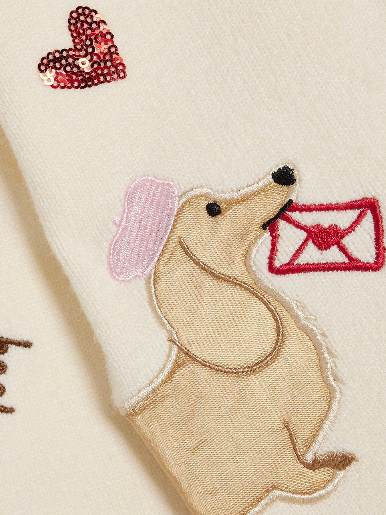 Image 4 of 4 of River Island Mini Girls Dog Embroidered Heart Button Cardigan - Cream