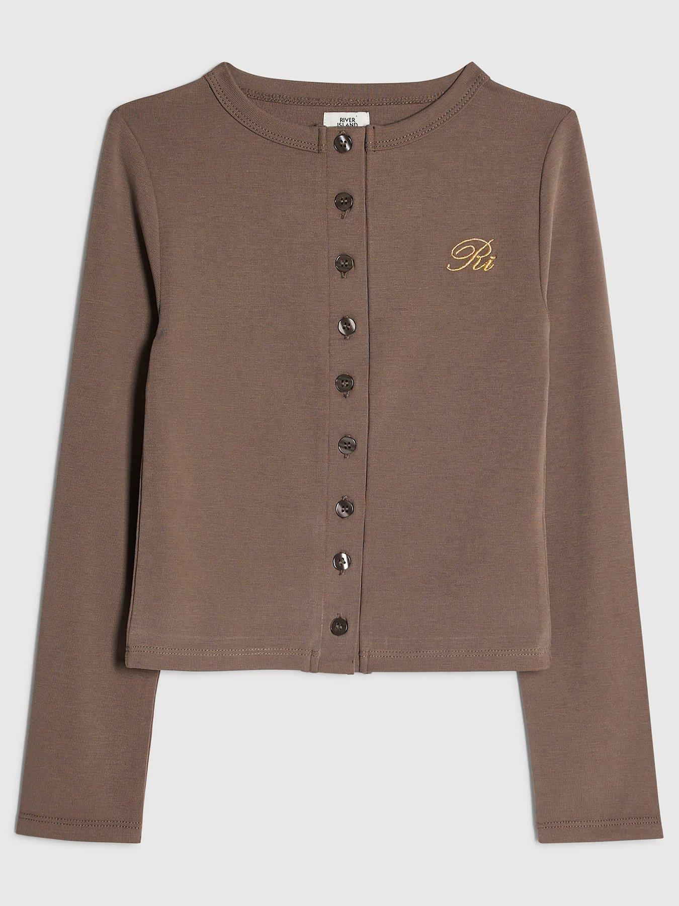 Image 1 of 4 of River Island Girls Soft Touch Stretch Button Through Cardigan - Brown