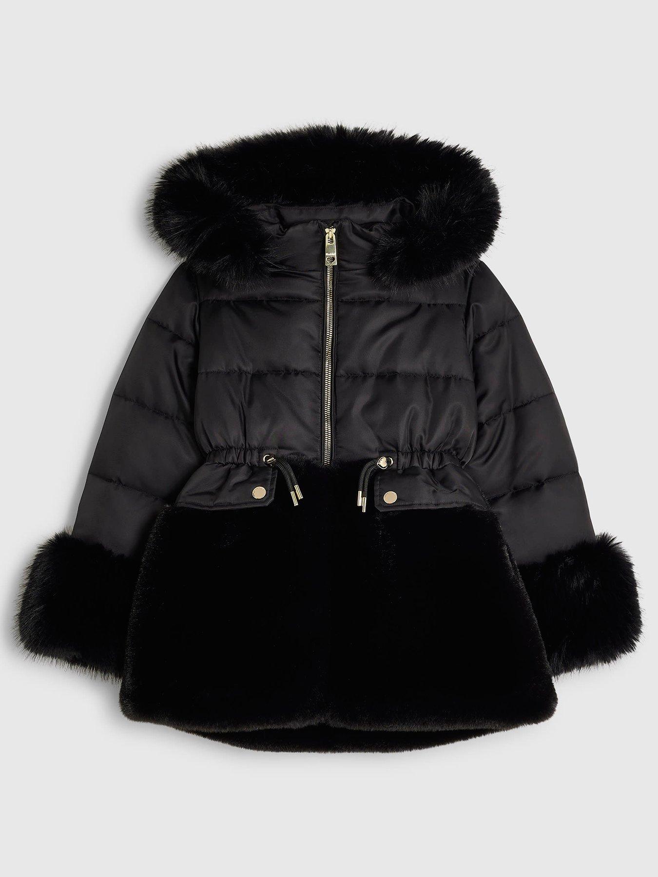 Image 1 of 5 of River Island Girls Faux Fur Cinch Padded Coat - Black
