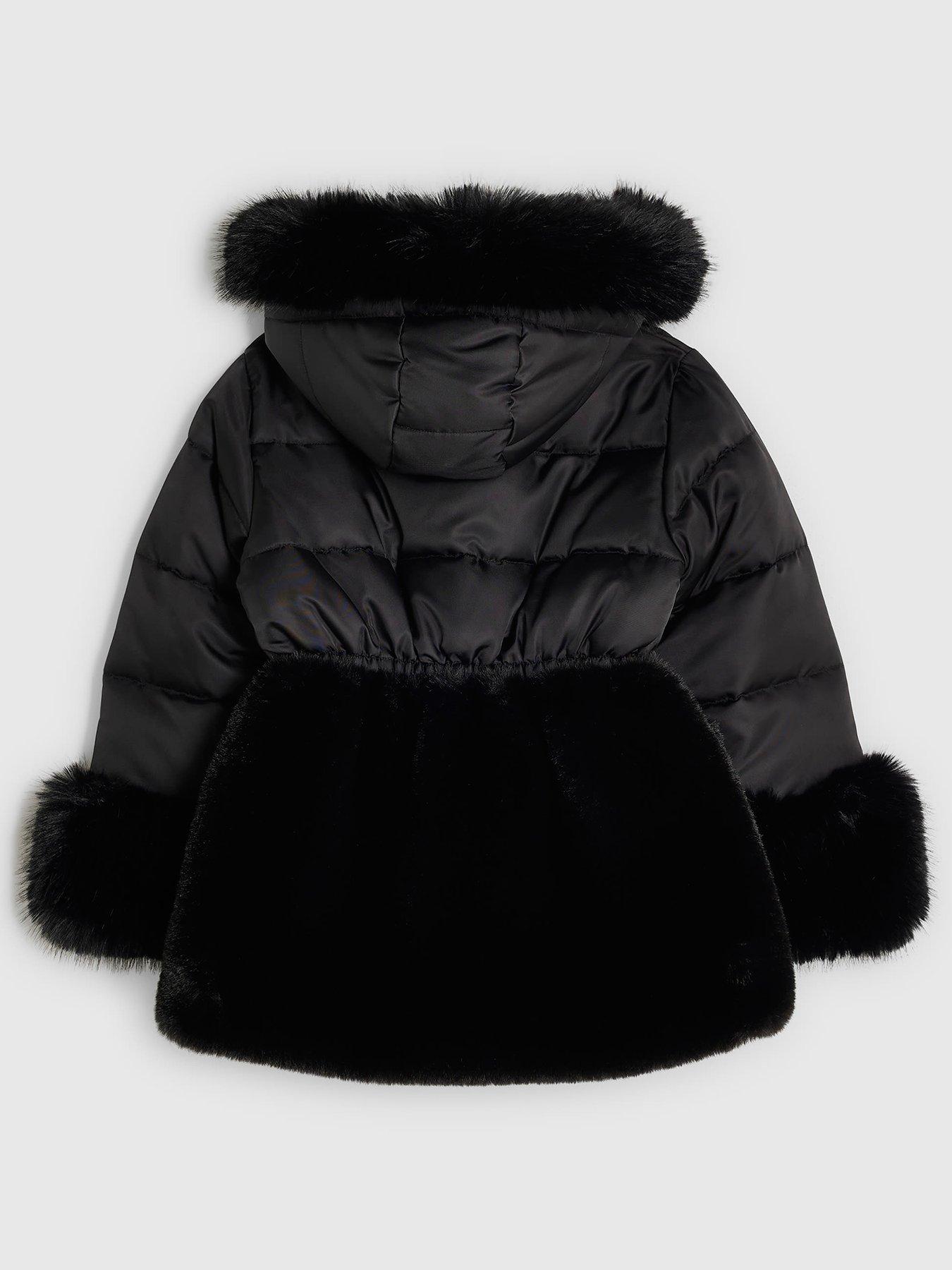 Image 2 of 5 of River Island Girls Faux Fur Cinch Padded Coat - Black