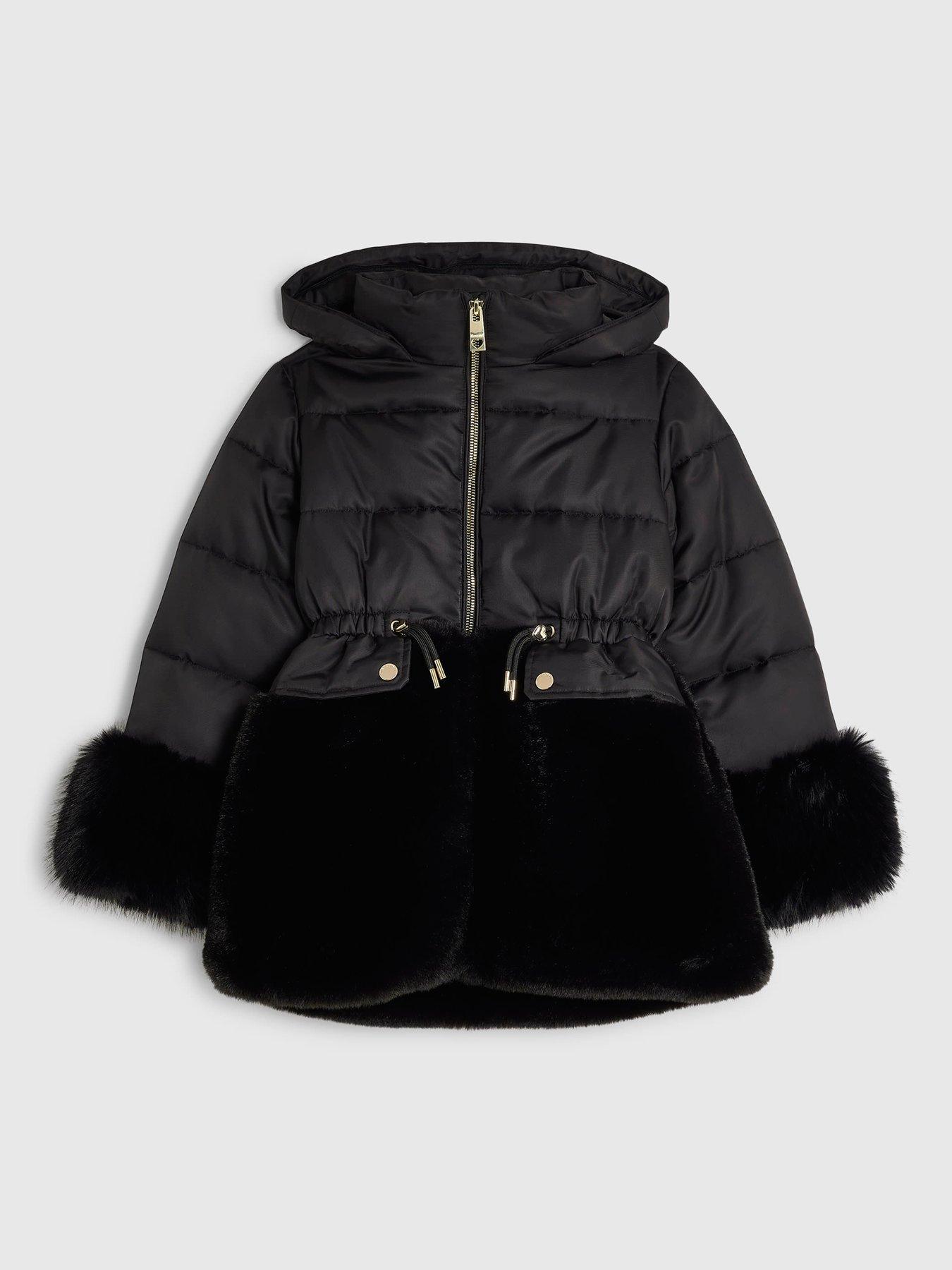 Image 3 of 5 of River Island Girls Faux Fur Cinch Padded Coat - Black