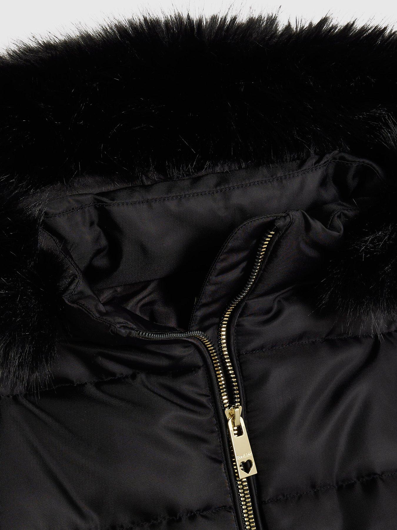 Image 4 of 5 of River Island Girls Faux Fur Cinch Padded Coat - Black