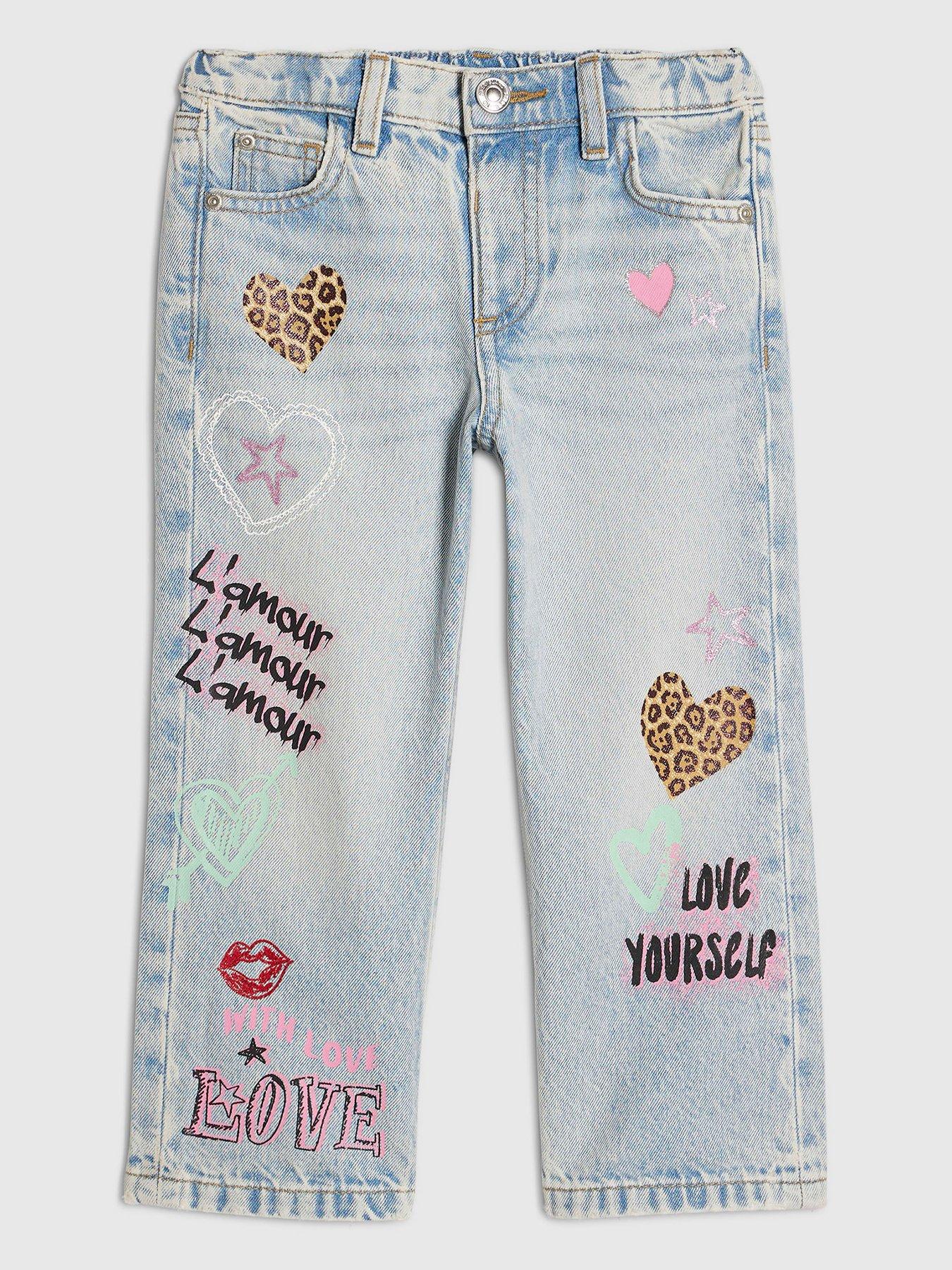 River Island Mini Girls Graffiti Straight Jeans - Blue