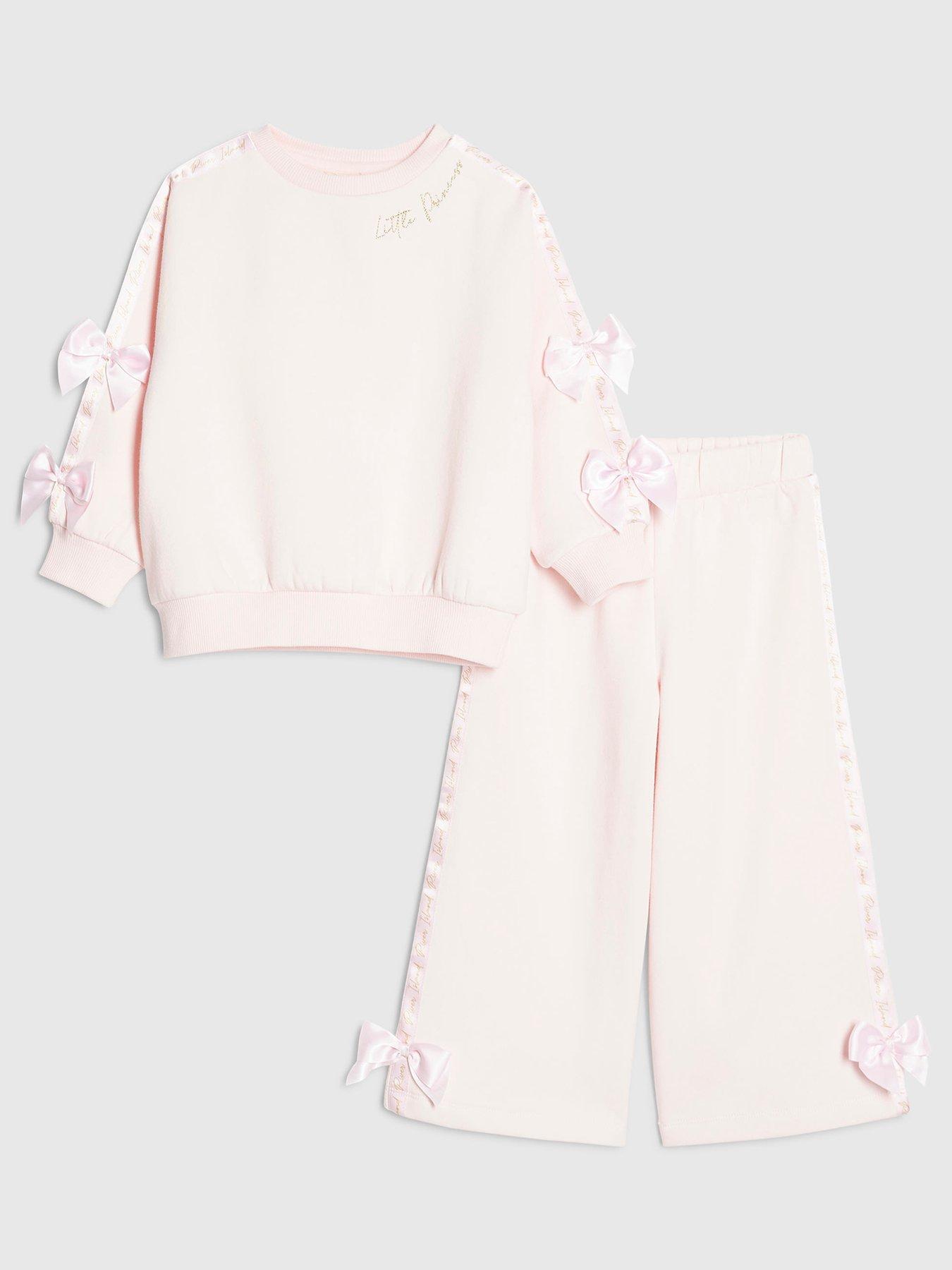 Image 1 of 4 of River Island Mini Girls Mini Satin Bow Sweatshirt Set - Pink