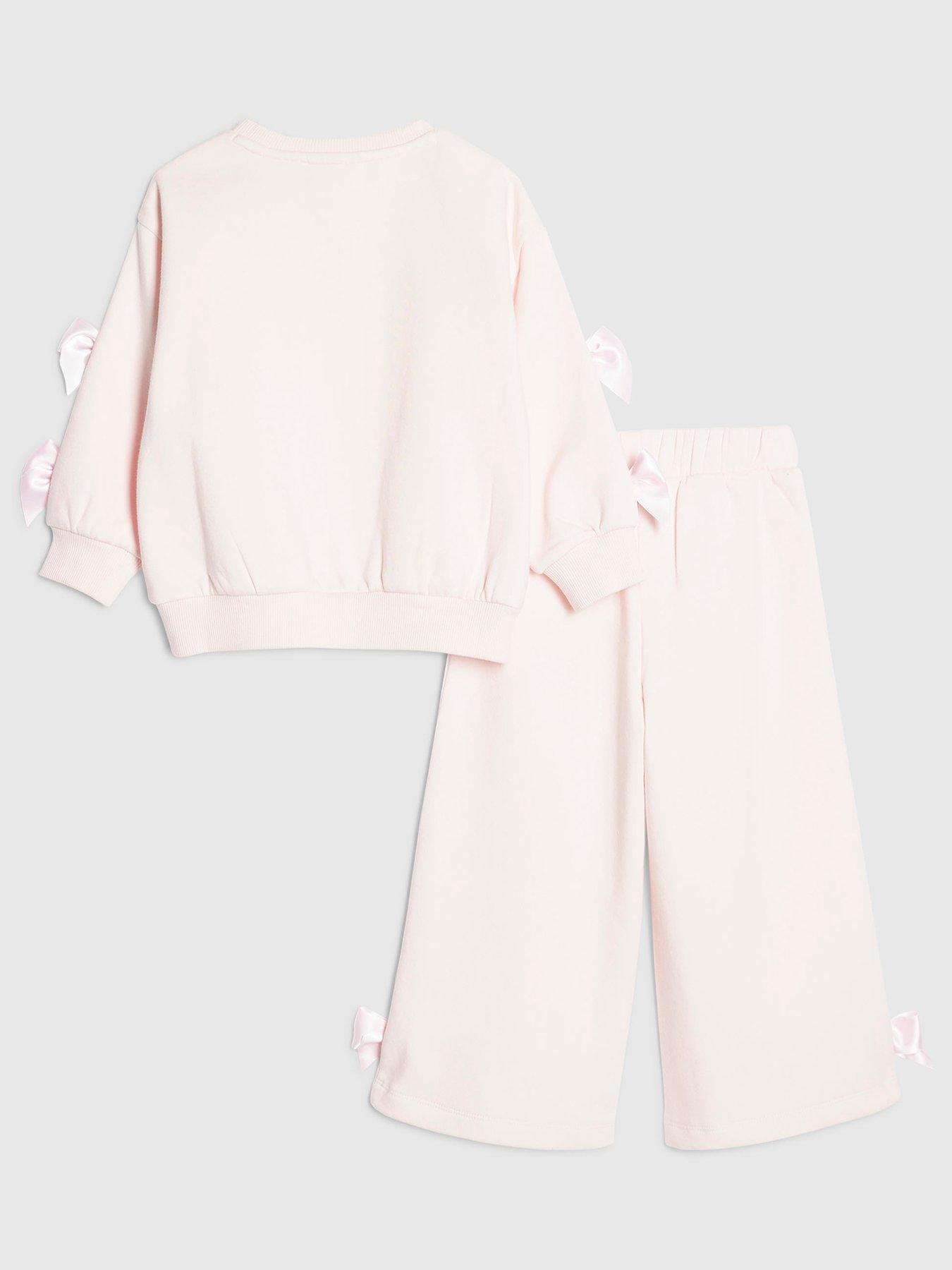 Image 2 of 4 of River Island Mini Girls Mini Satin Bow Sweatshirt Set - Pink