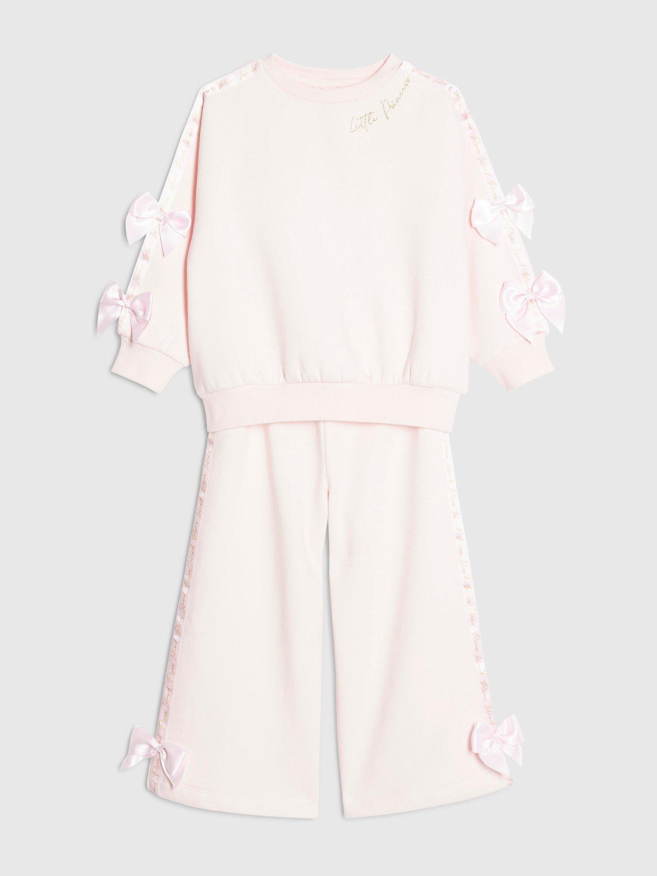 Image 3 of 4 of River Island Mini Girls Mini Satin Bow Sweatshirt Set - Pink