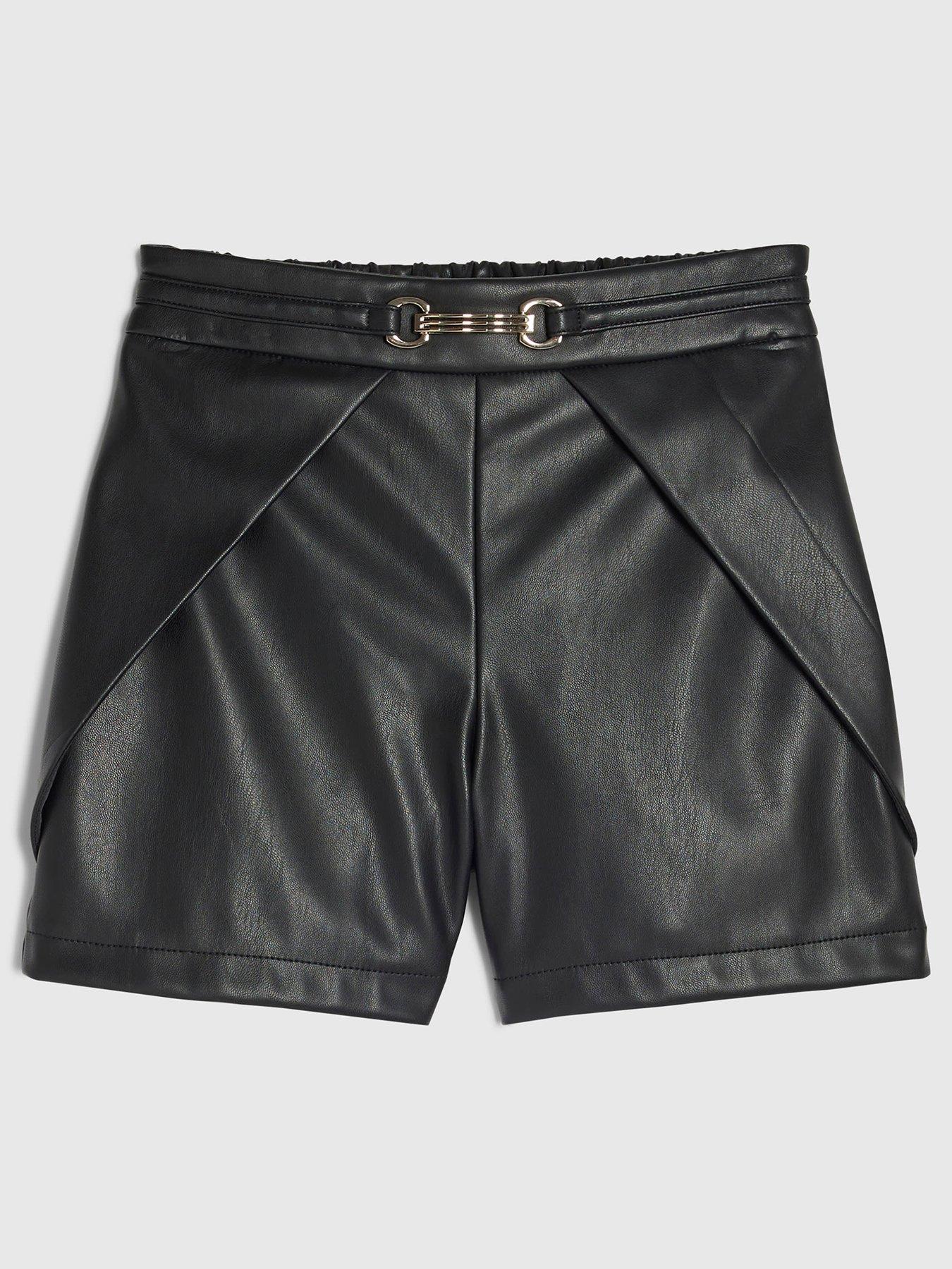 Image 1 of 4 of River Island Girls Faux Leather Tulip Pleated Shorts - Black