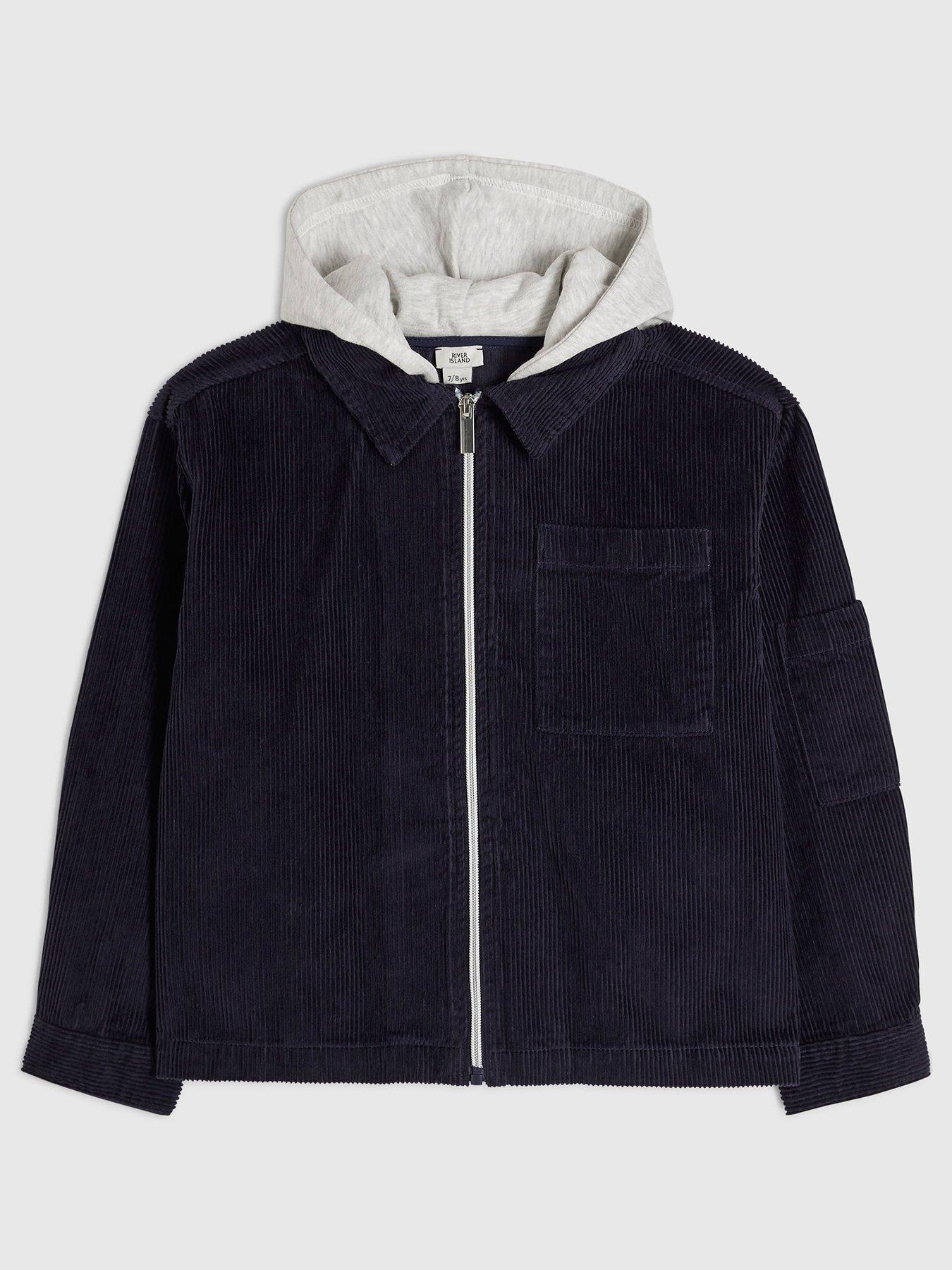 Image 1 of 4 of River Island Boys Corduroy Hooded Zip Overshirt - Navy