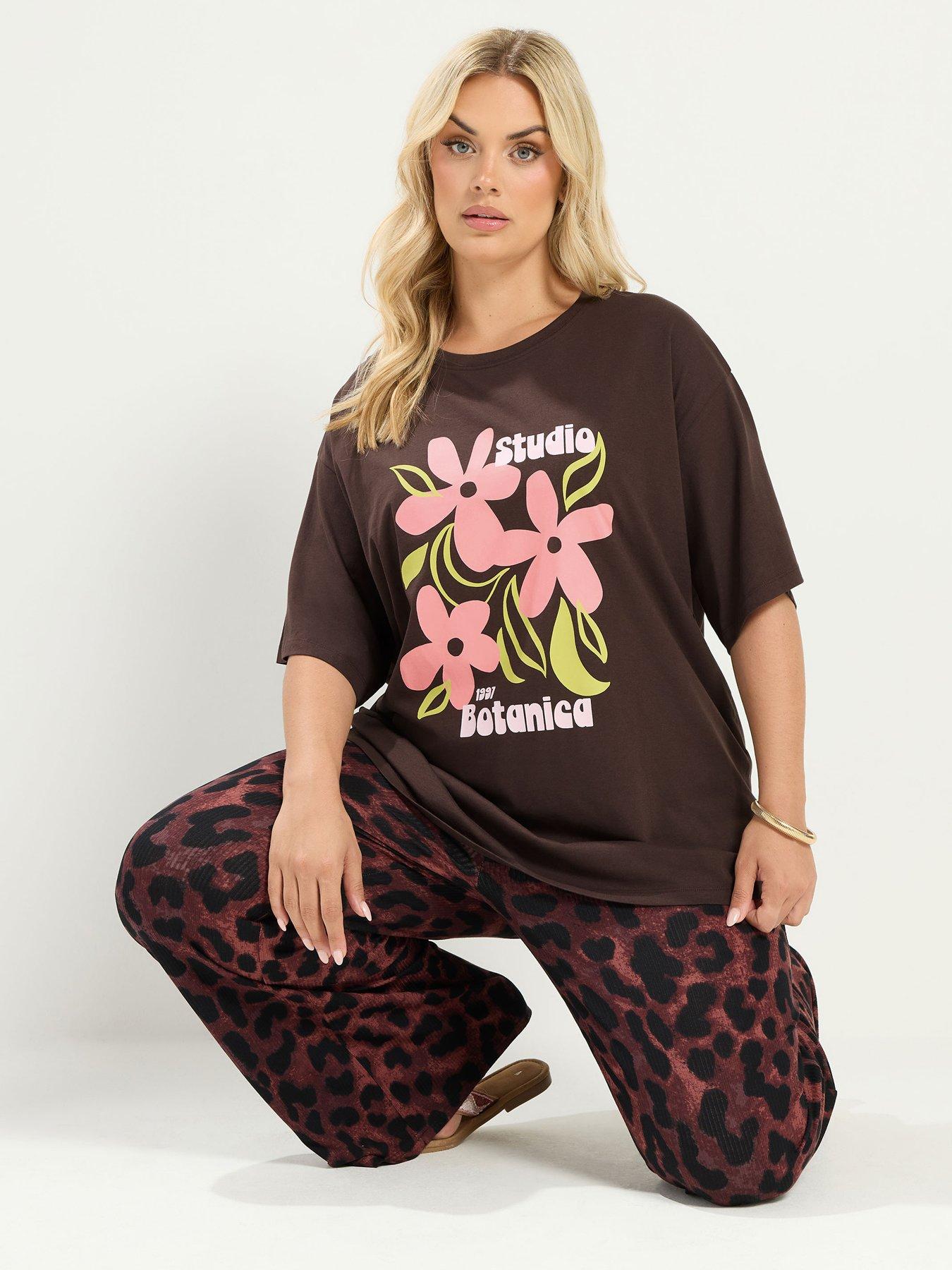 Yours Curve Placement T -Shirt - Brown