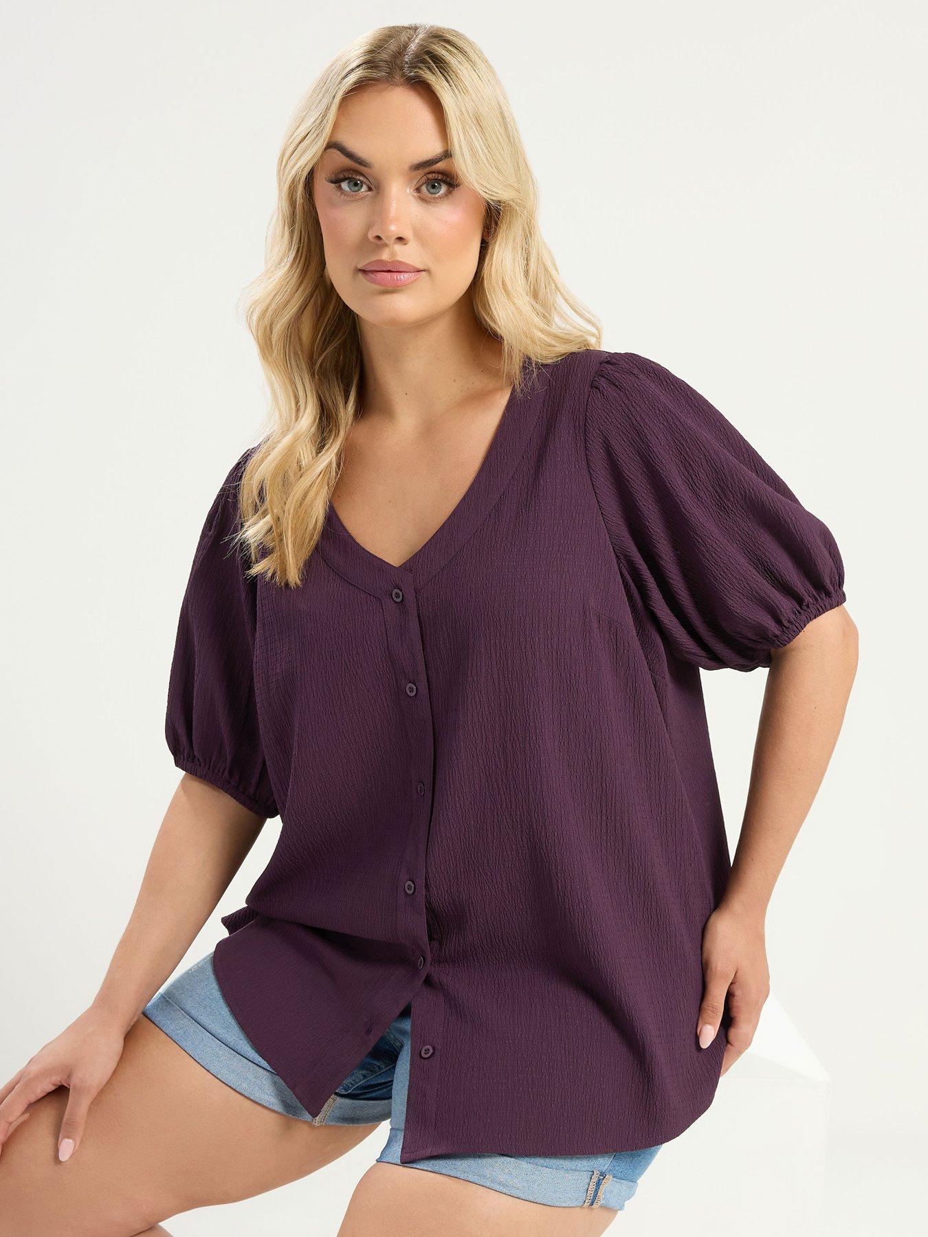 Image 1 of 4 of Yours Curve Button Texture Short Sleeve Blouse - Purple