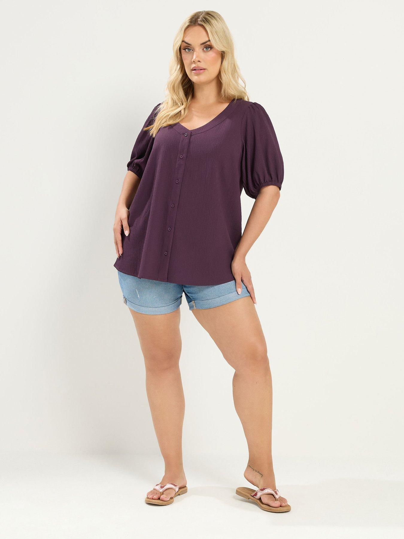 Image 3 of 4 of Yours Curve Button Texture Short Sleeve Blouse - Purple