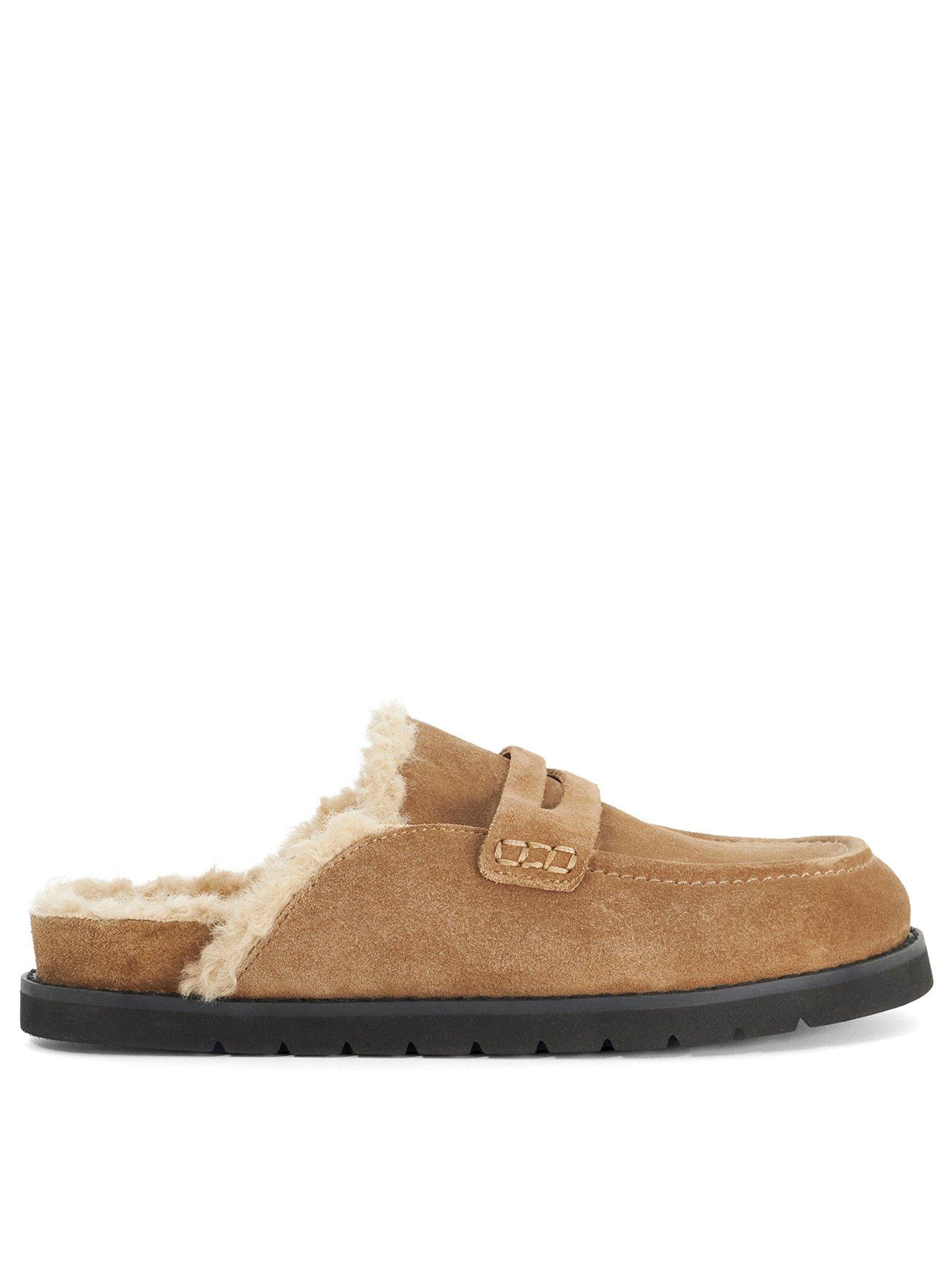 Dune London Goldy Faux Shearling Lined Backless Mule Suede Loafers