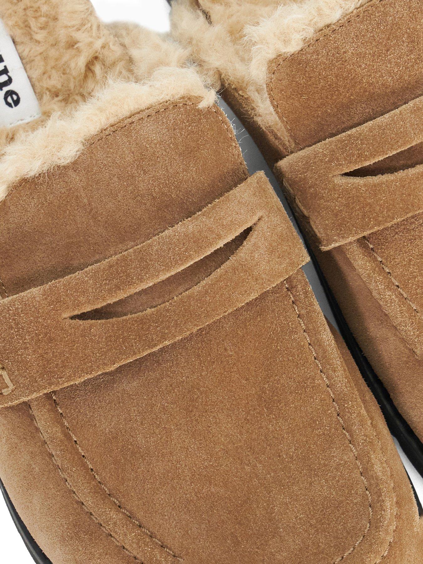 Image 5 of 6 of Dune London Goldy Faux Shearling Lined Backless Mule Suede Loafers