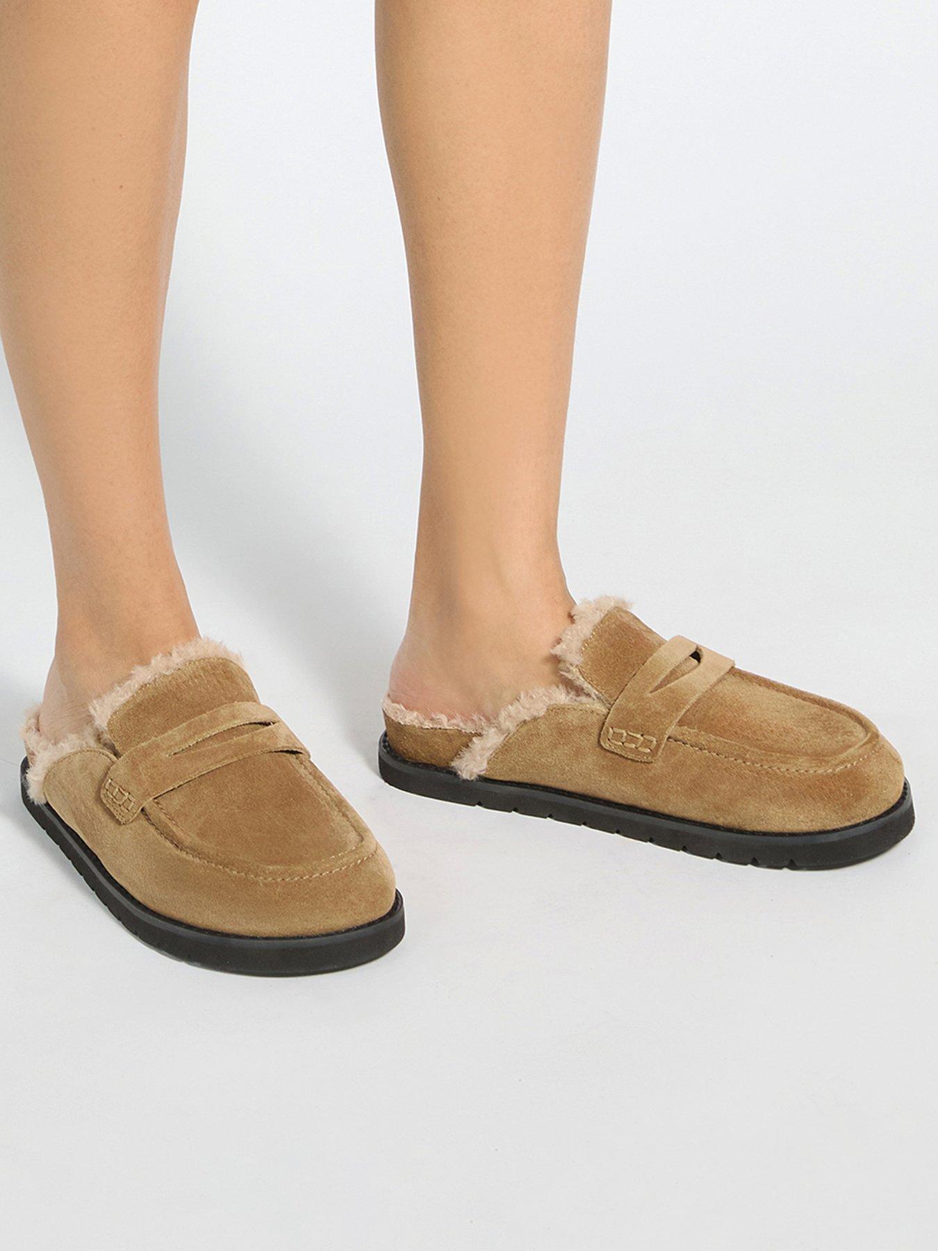 Image 6 of 6 of Dune London Goldy Faux Shearling Lined Backless Mule Suede Loafers