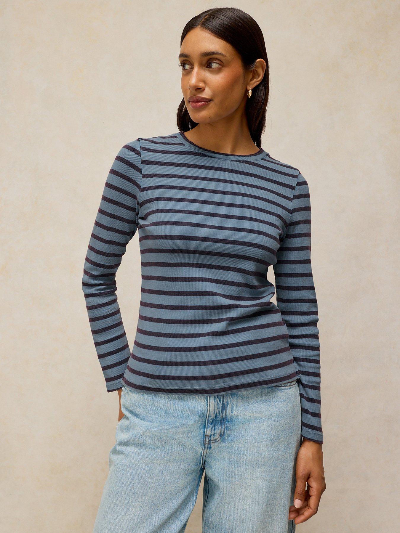 Image 1 of 6 of White Stuff Sadie Striped Long Sleeve Top - Blue