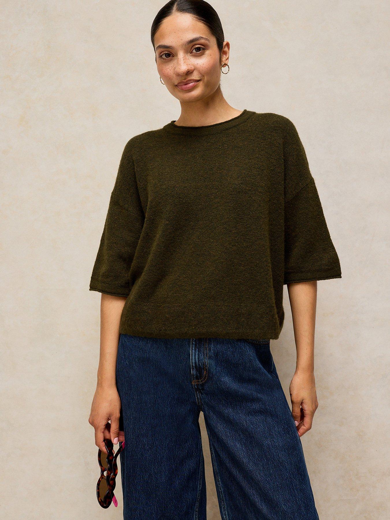 Image 1 of 5 of White Stuff Womens Kate Knitted Boxy Dropped Shoulder T-Shirt - Green