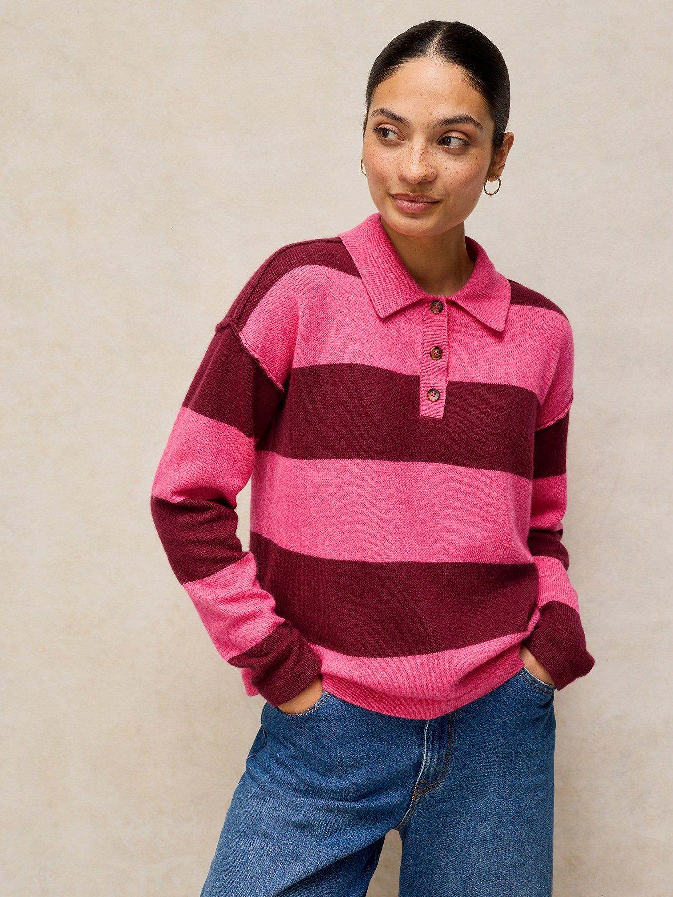 Image 1 of 6 of White Stuff Camilla Stripe Collared Jumper - Pink