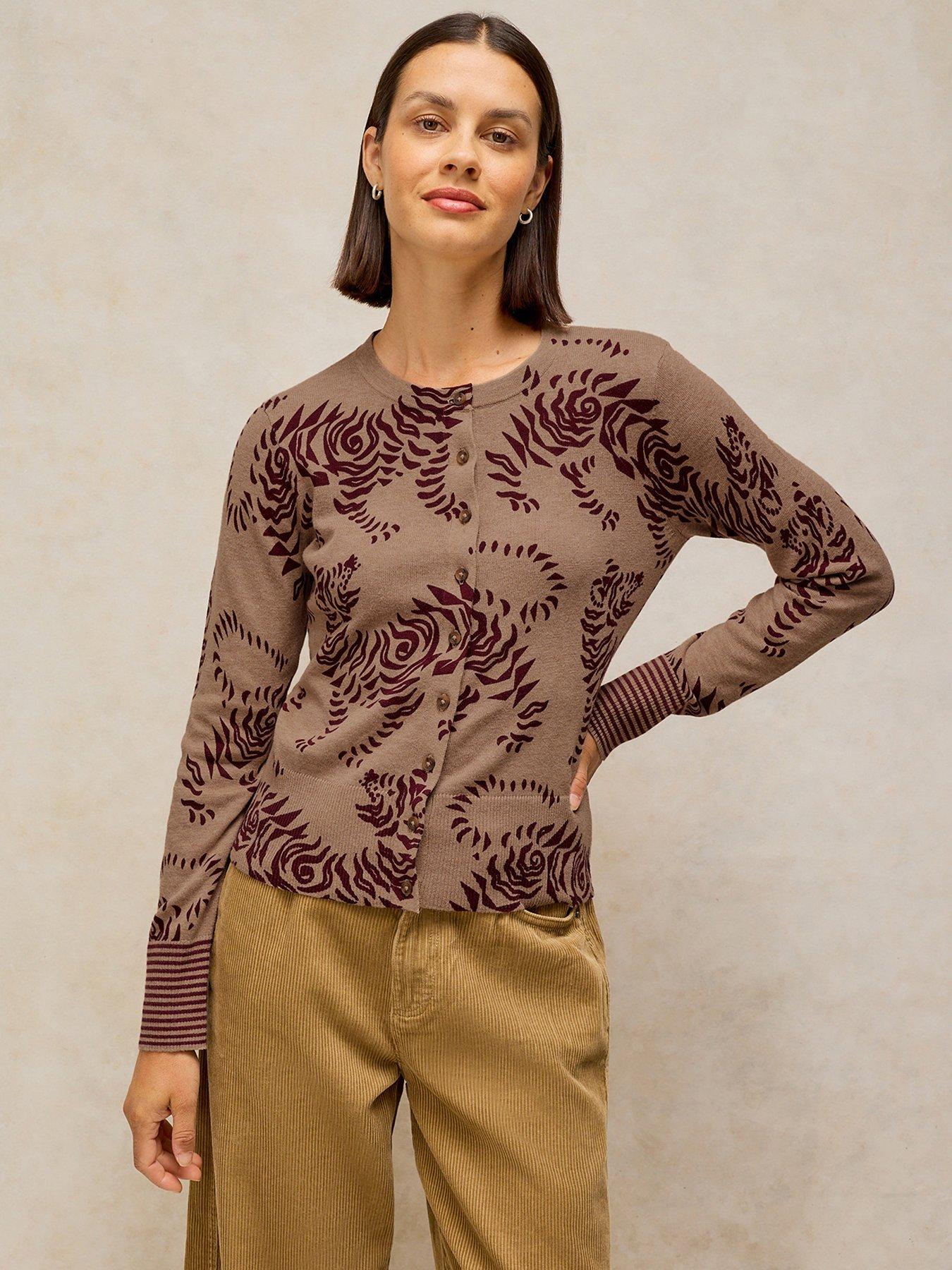 Image 1 of 5 of White Stuff Lois Print Crew Neck Cardigan - Beige