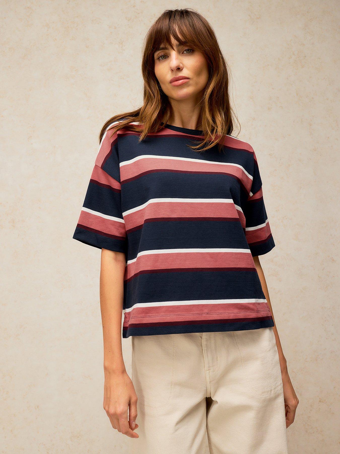 Image 1 of 5 of White Stuff Womens Kat Stripe Midweight Relaxed Dropped Shoulder T-Shirt - Blue
