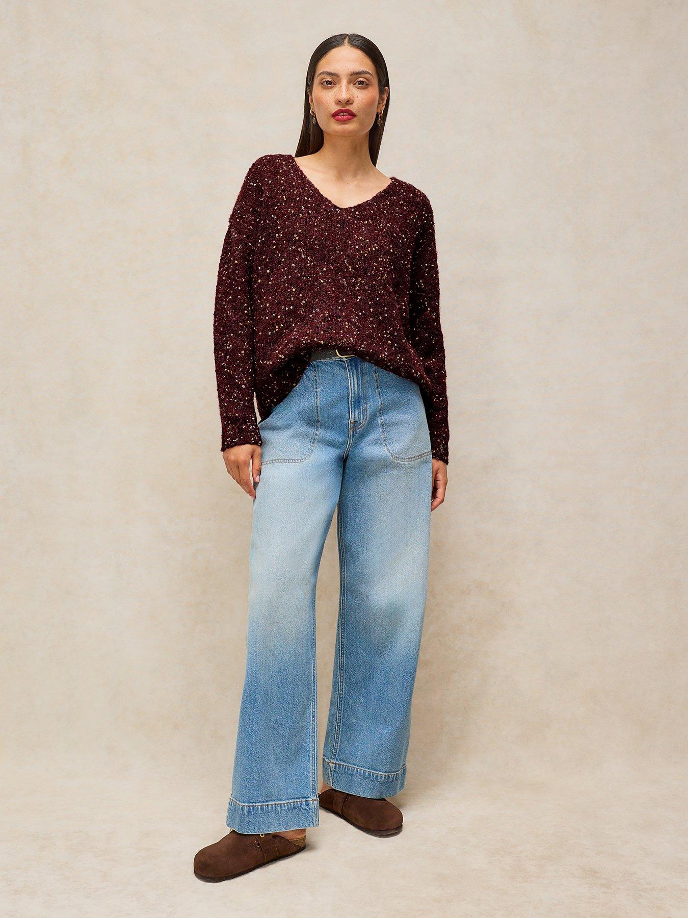 Image 3 of 5 of White Stuff Womens Textured V Neck Relaxed Jumper - Purple
