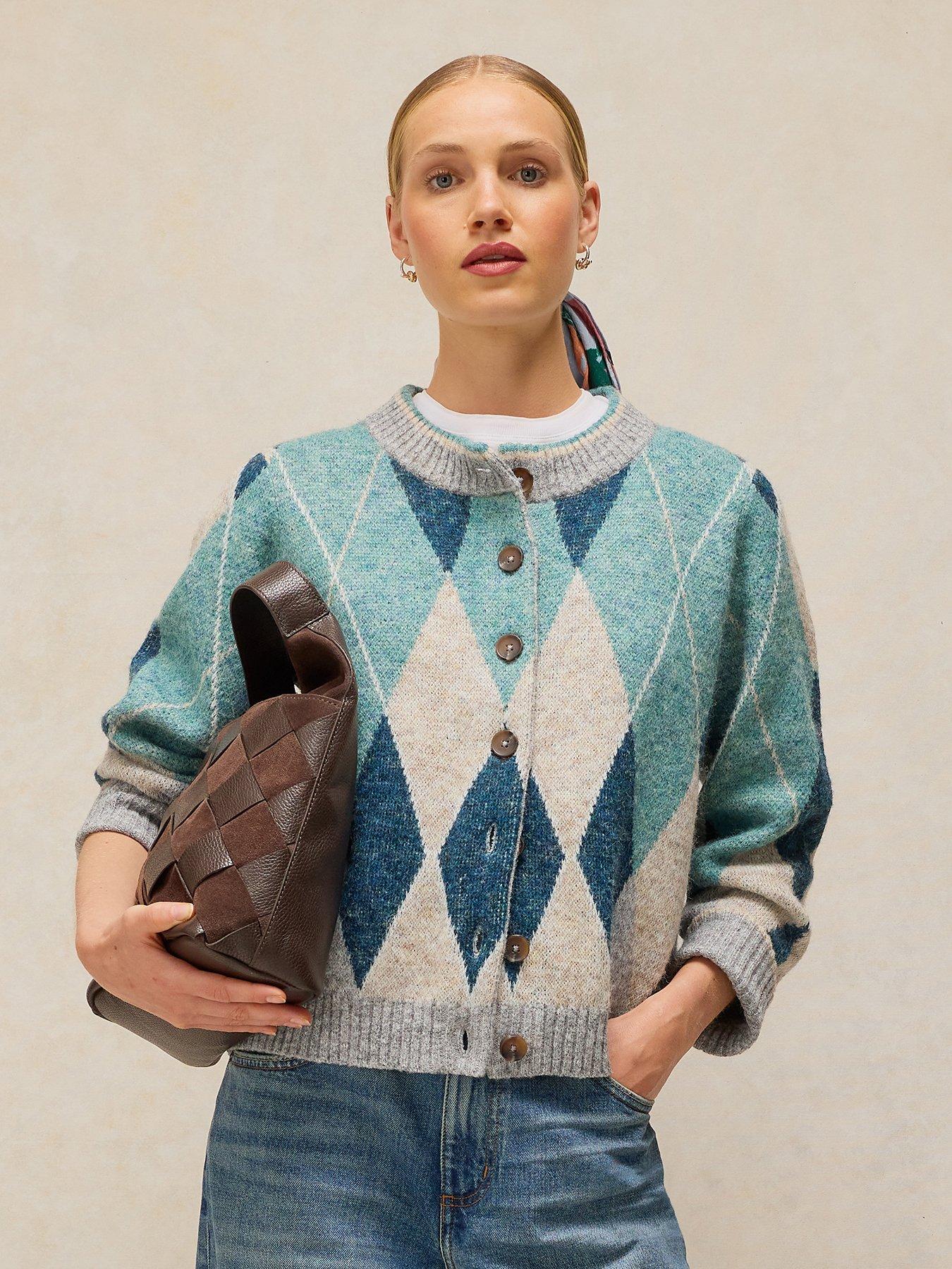 Image 1 of 6 of White Stuff Argyle Check Button-Through Cardigan - Blue