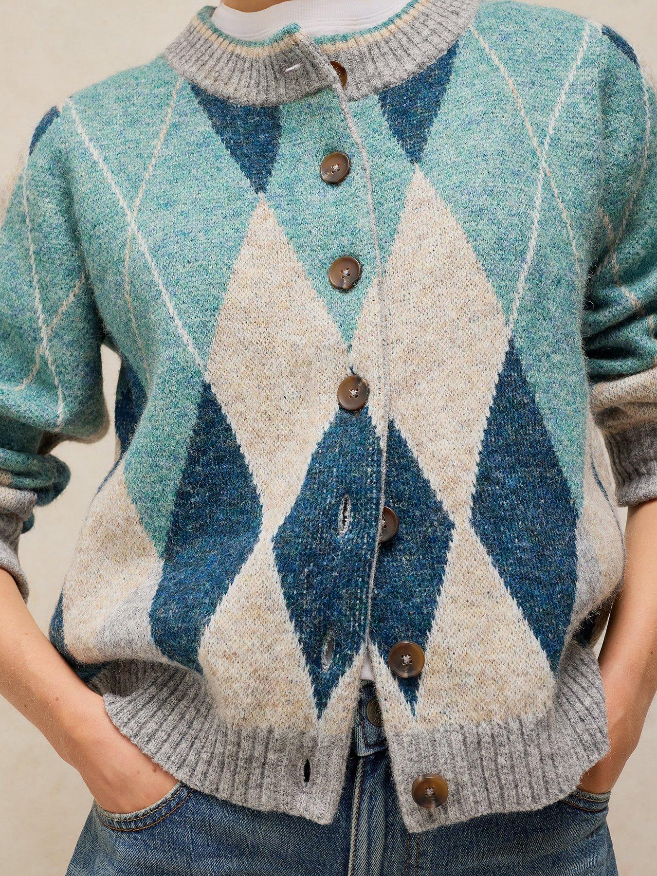 Image 4 of 6 of White Stuff Argyle Check Button-Through Cardigan - Blue