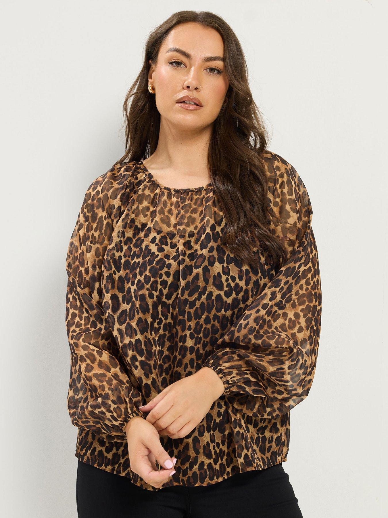 Image 1 of 4 of Yours Curve Leopard Print Chiffon Top - Brown