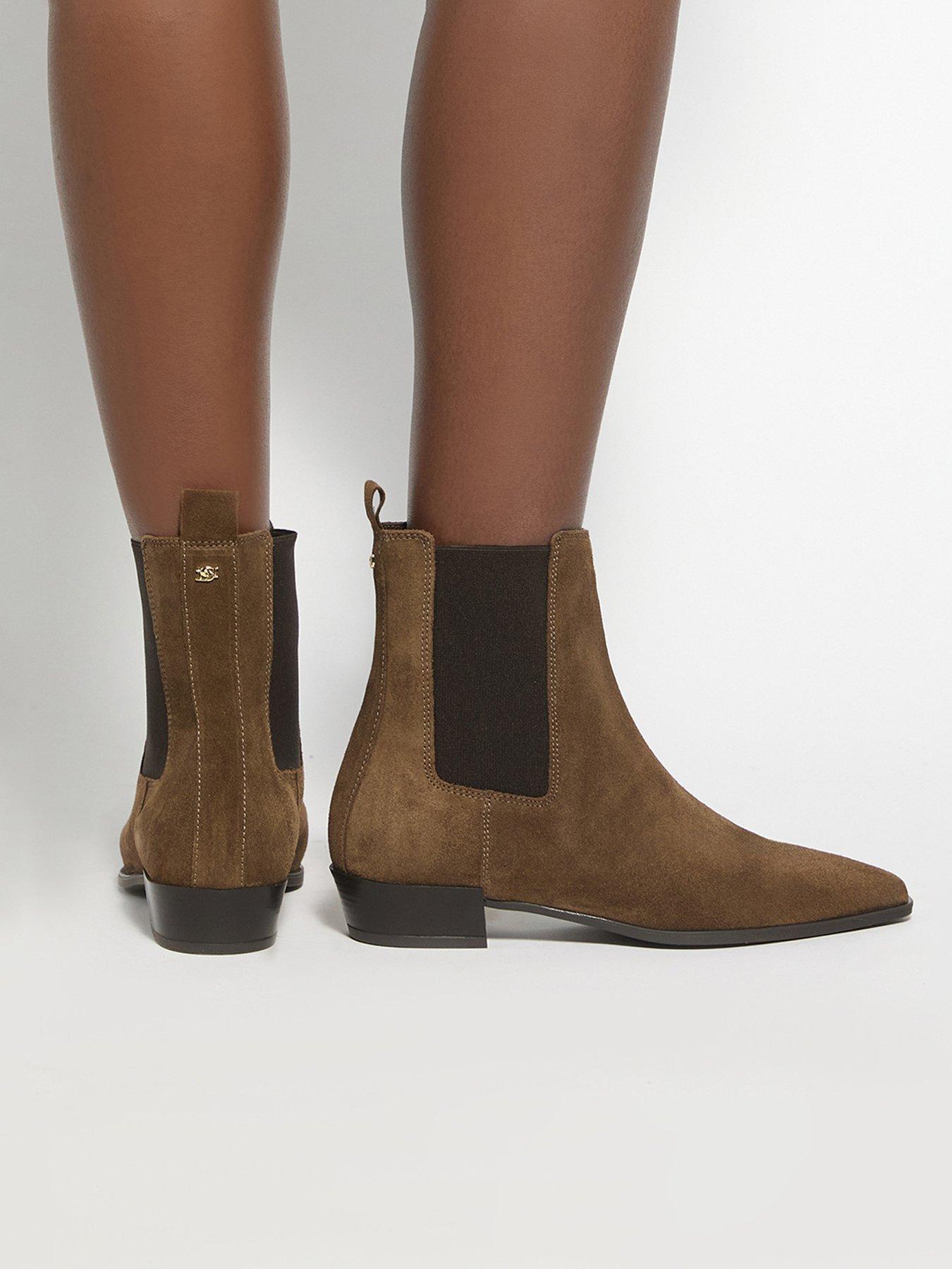 Image 1 of 6 of Dune London Parkas Chisel Toe Low Heel Chelsea Boots - Brown