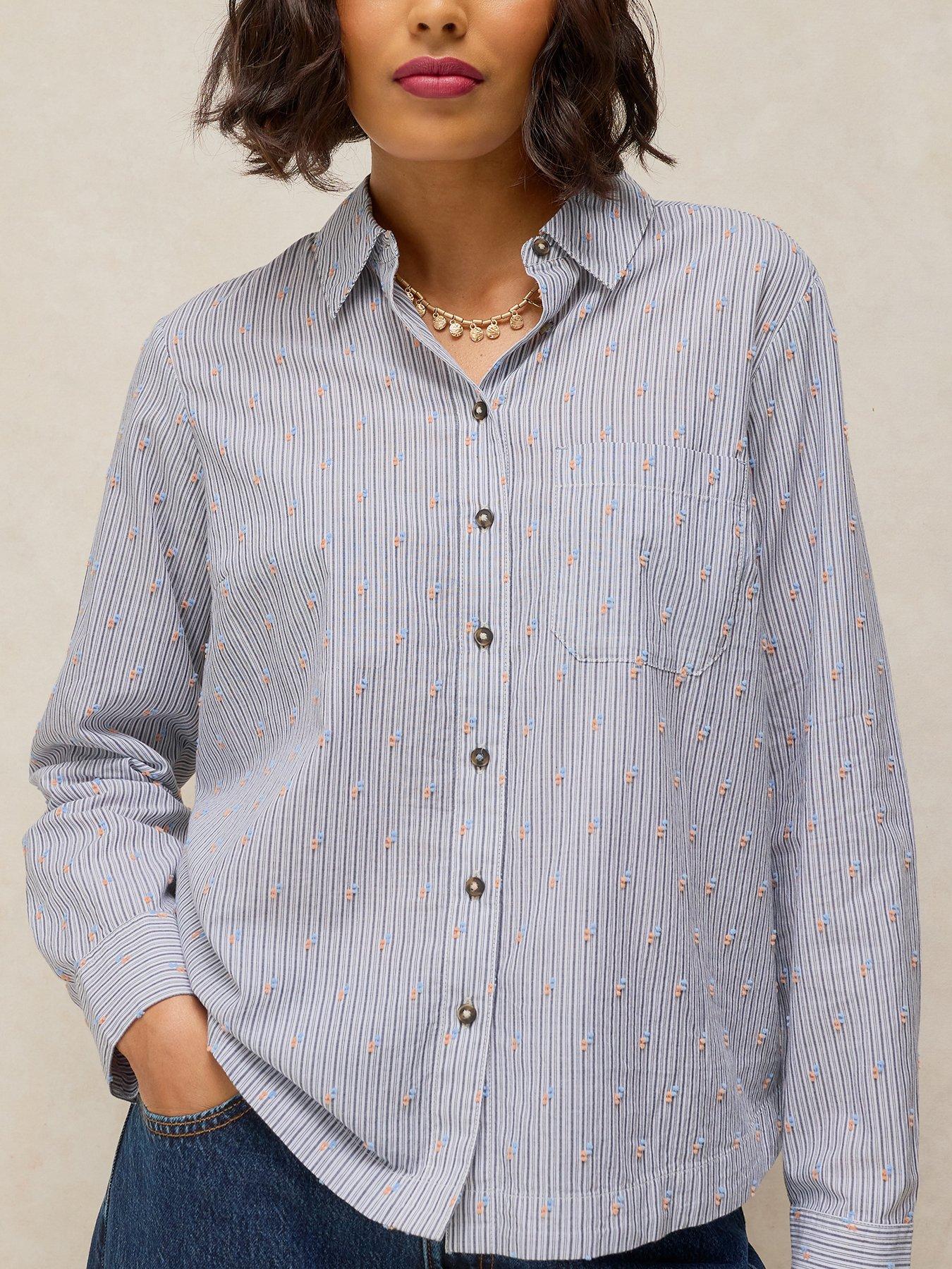 Image 1 of 6 of White Stuff Striped Embroidered Button Shirt - Blue
