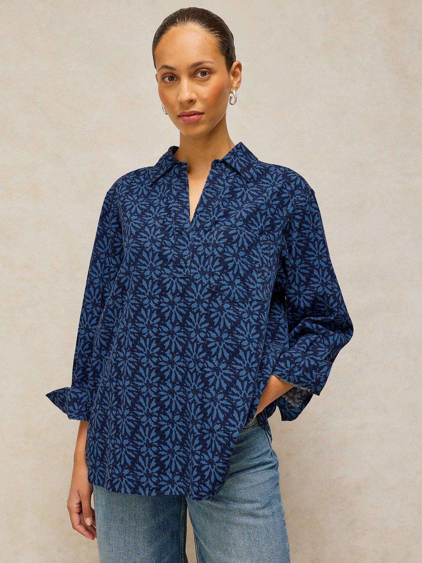 Image 1 of 5 of White Stuff Womens Sage Longline Textured Cord Printed Tunic - Blue