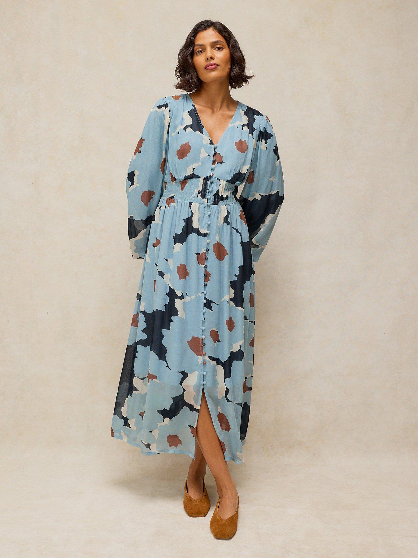 Image 1 of 6 of White Stuff Leela Button Through Midi Dress - Blue