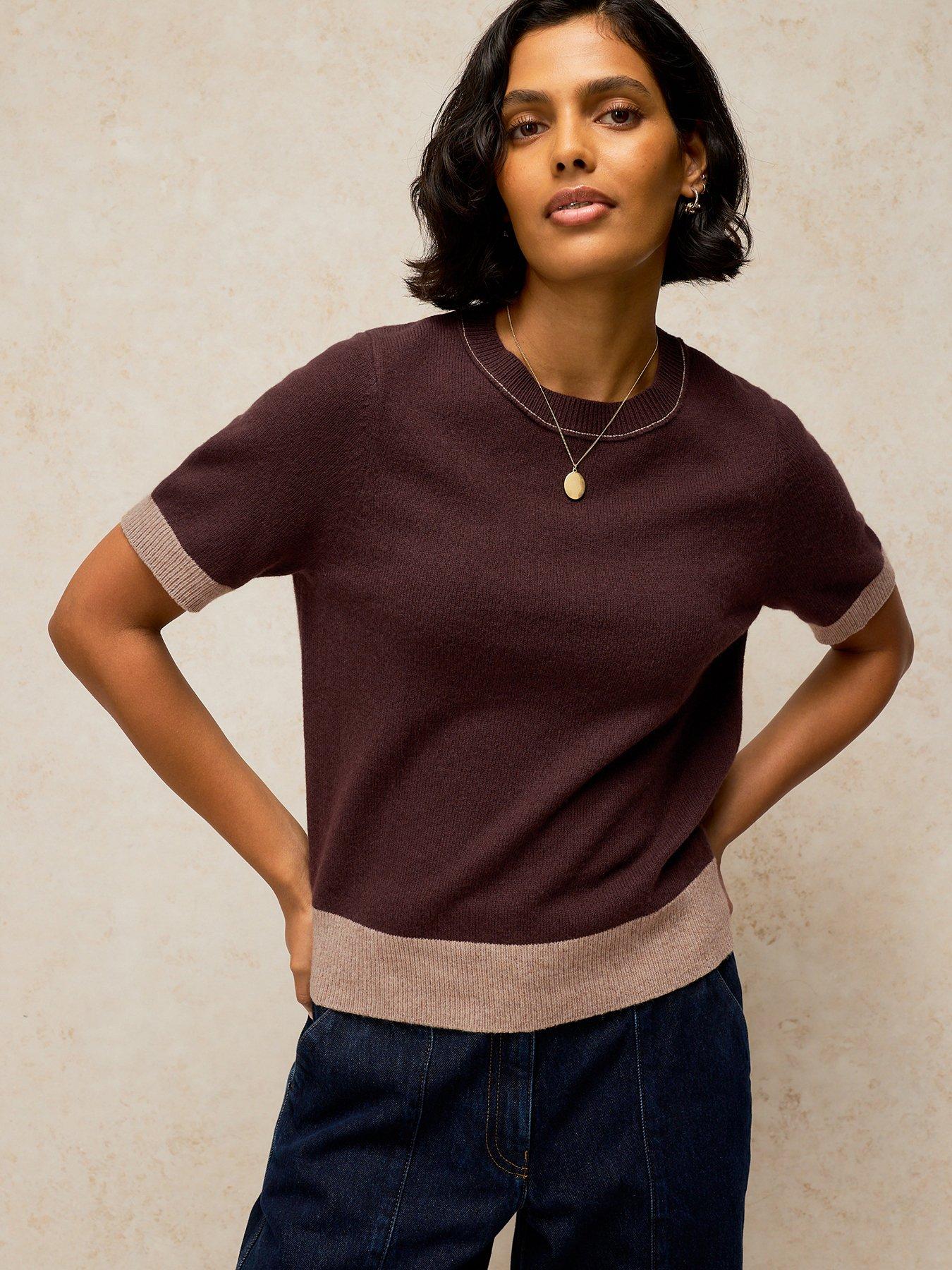 Image 1 of 5 of White Stuff Womens Sansa Knit Wool Blend Contrast Trim T-Shirt - Brown