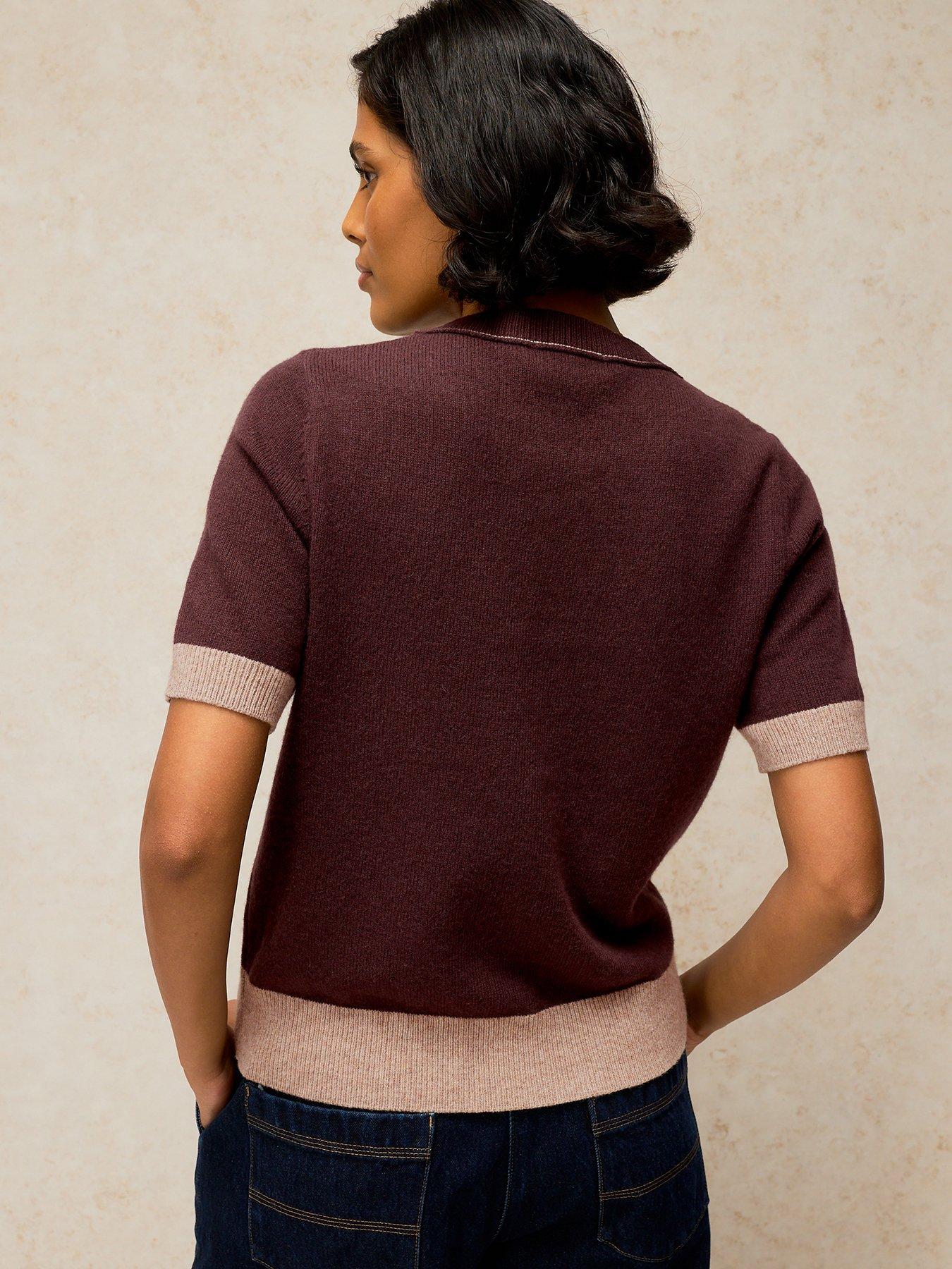 Image 2 of 5 of White Stuff Womens Sansa Knit Wool Blend Contrast Trim T-Shirt - Brown