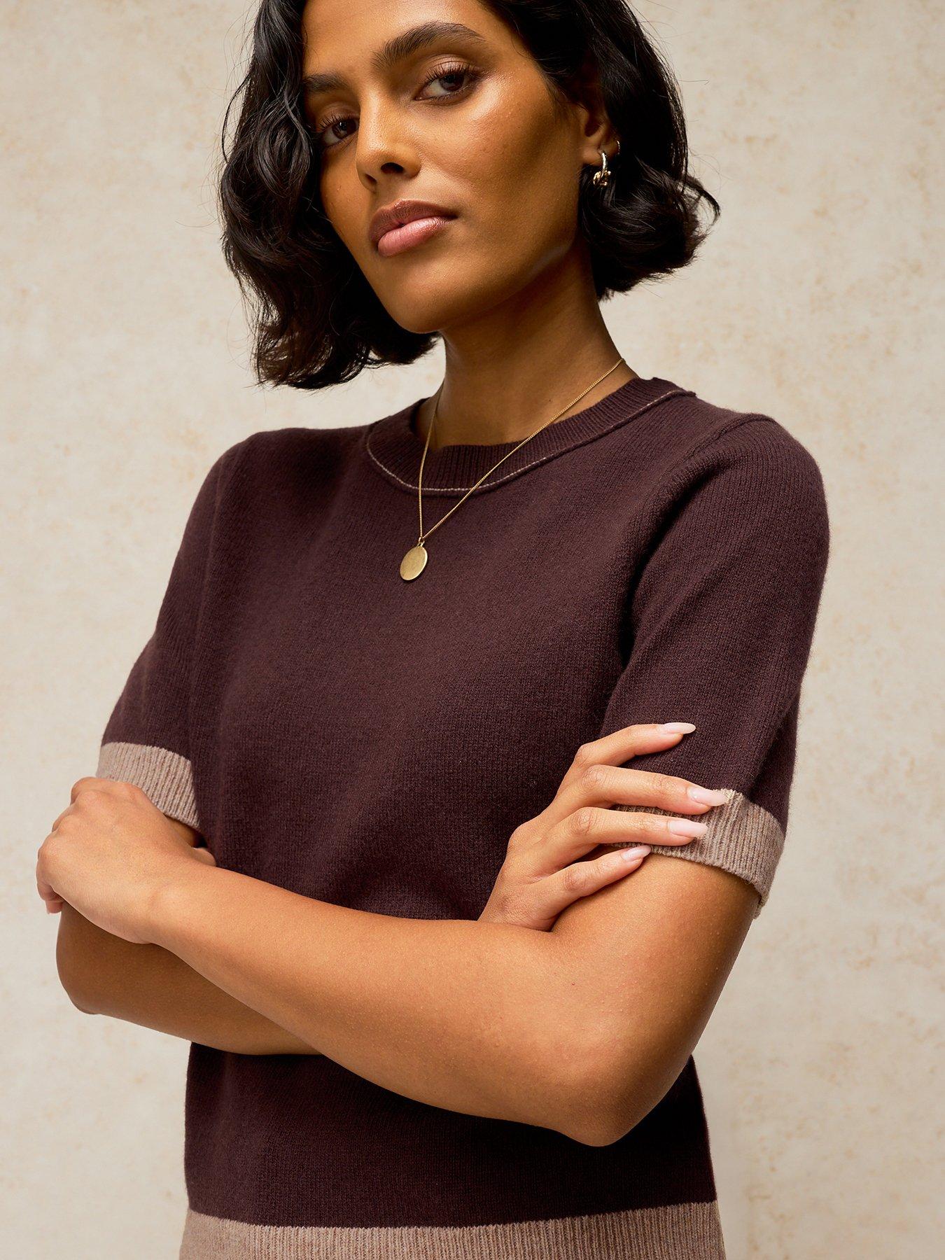 Image 4 of 5 of White Stuff Womens Sansa Knit Wool Blend Contrast Trim T-Shirt - Brown