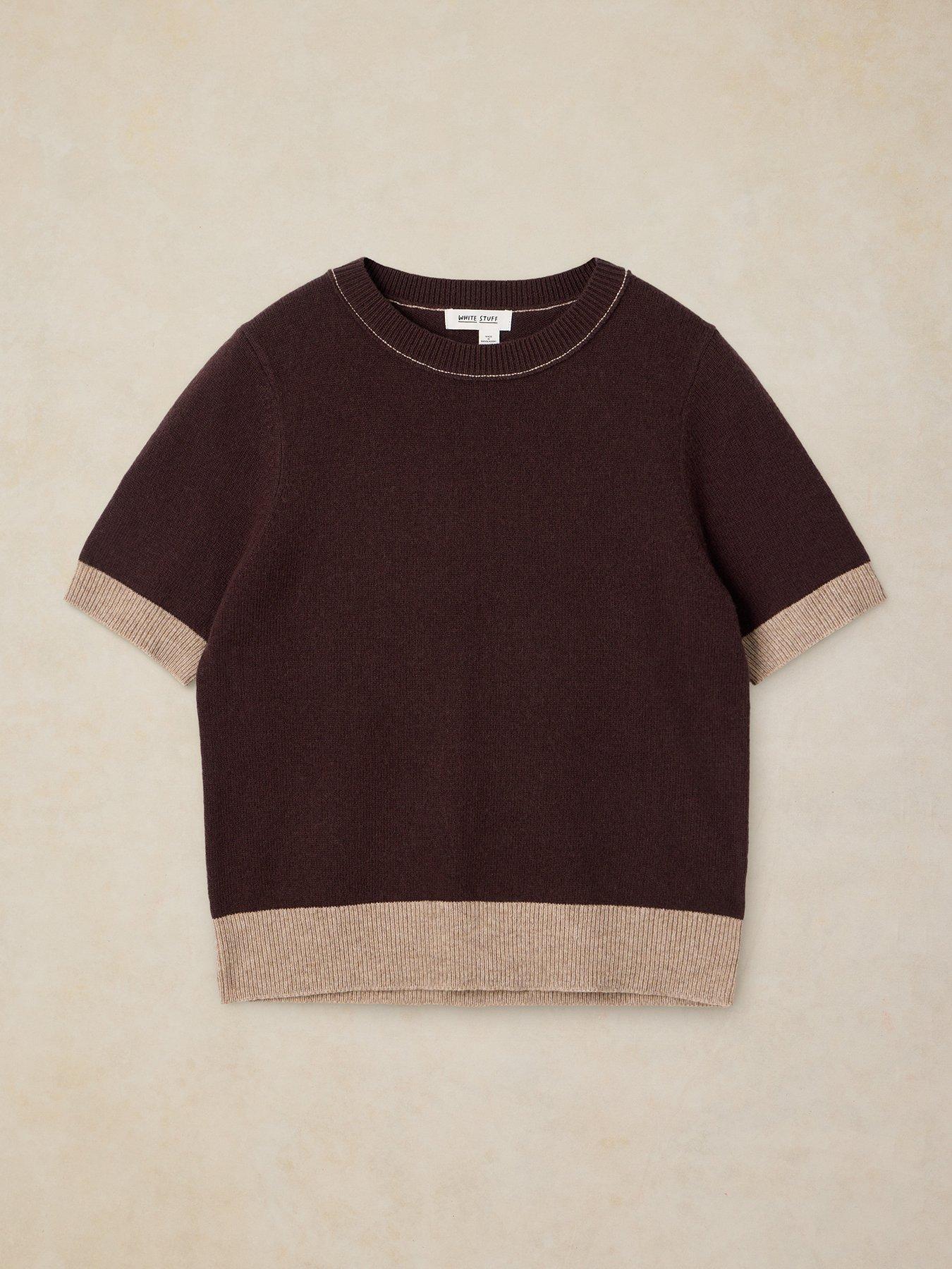 Image 5 of 5 of White Stuff Womens Sansa Knit Wool Blend Contrast Trim T-Shirt - Brown