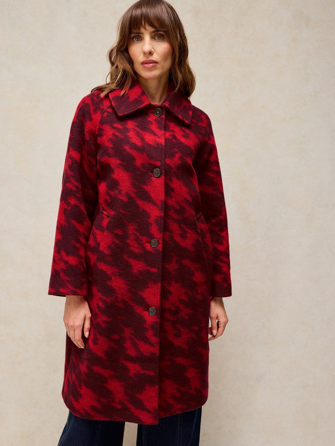 Image 1 of 6 of White Stuff Womens Kelsey Wool Blend Longline Printed Coat - Red