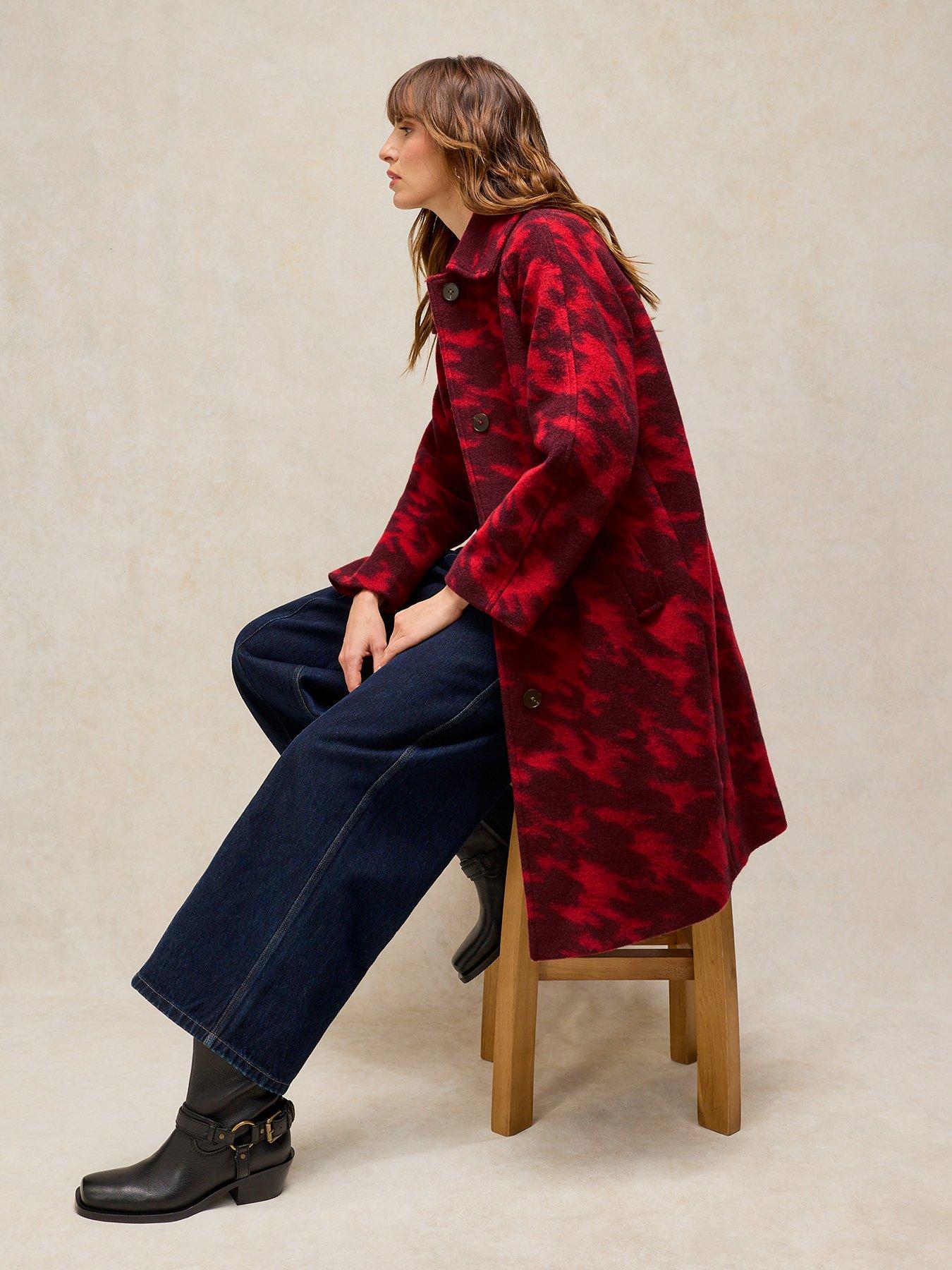 Image 4 of 6 of White Stuff Womens Kelsey Wool Blend Longline Printed Coat - Red