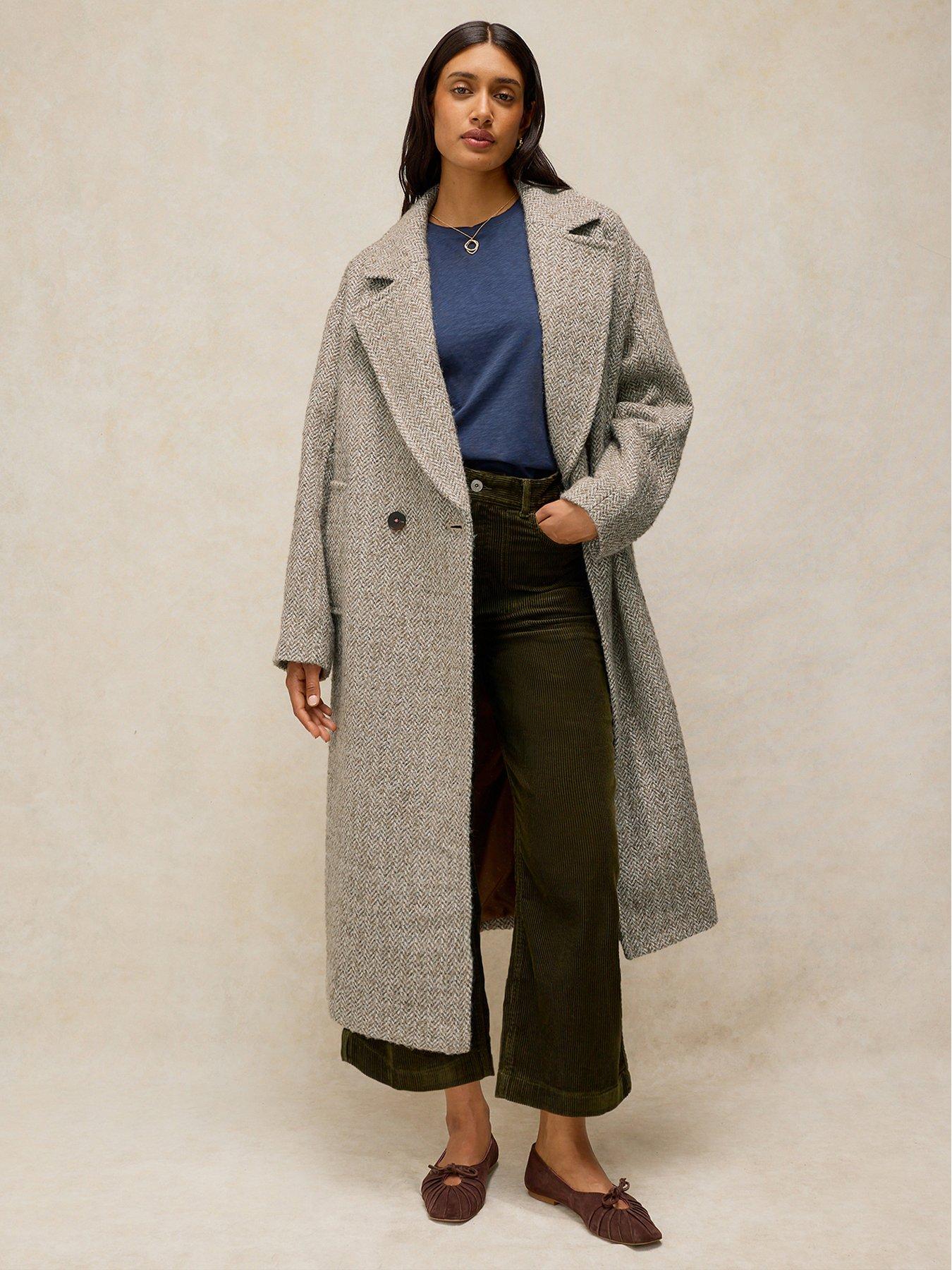 Image 1 of 6 of White Stuff Womens Camilla Longline Double-Breasted Textured Coat - Cream